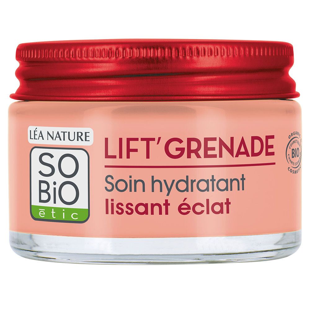 Pot de crème avec couvercle rouge. Inscription: SO BIO ETIC, LIFT'GRENADE, Soin hydratant lissant éclat. Label bio.