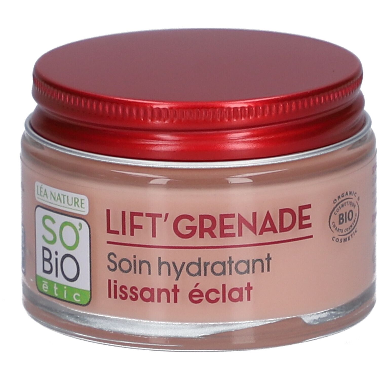 Crème in pot met rode deksel. Opschrift: LIFT'GRENADE, Soin hydratant lissant éclat. Bio-certificering.