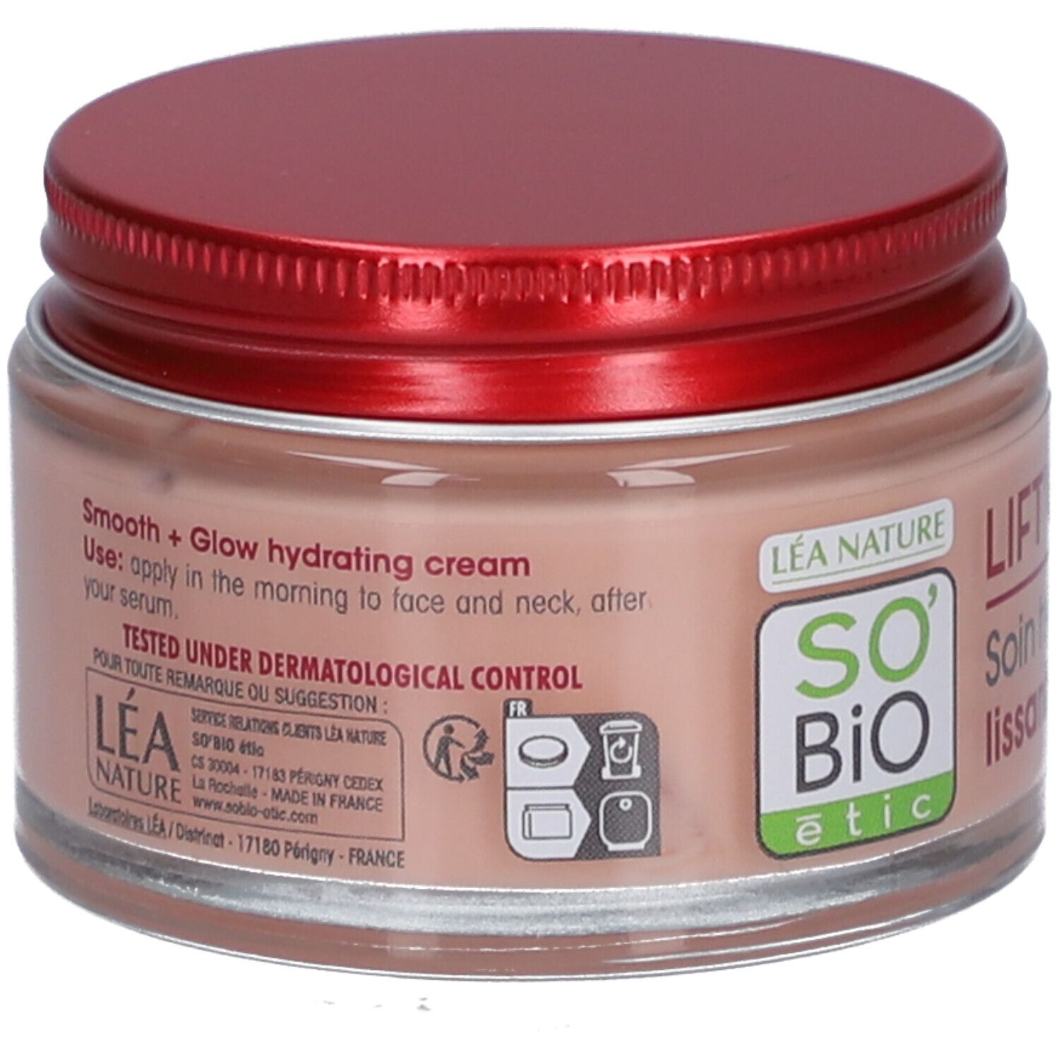 Crème in pot met rode deksel. Opschrift: Smooth + Glow hydrating cream. Dermatologisch getest.
