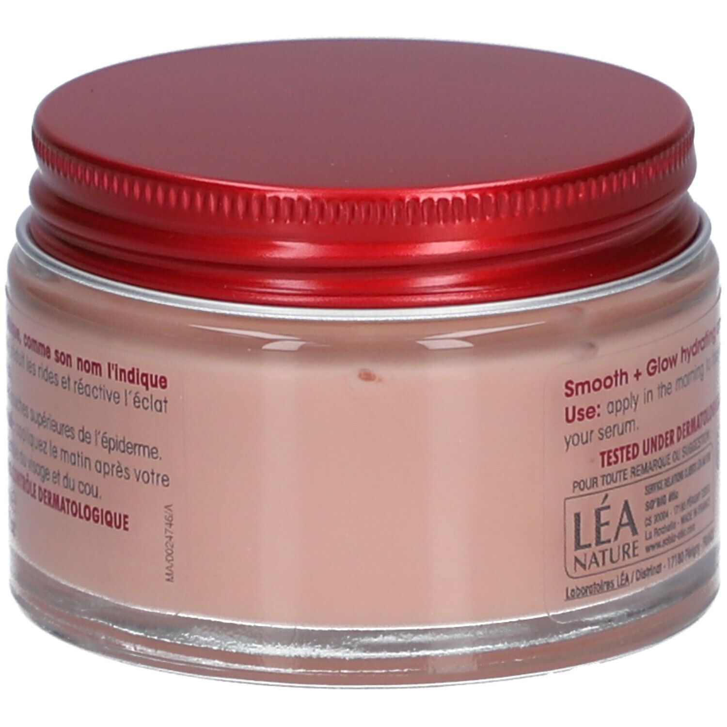 Crème in pot met rode deksel. Opschrift: Smooth + Glow hydrating cream. Dermatologisch getest.