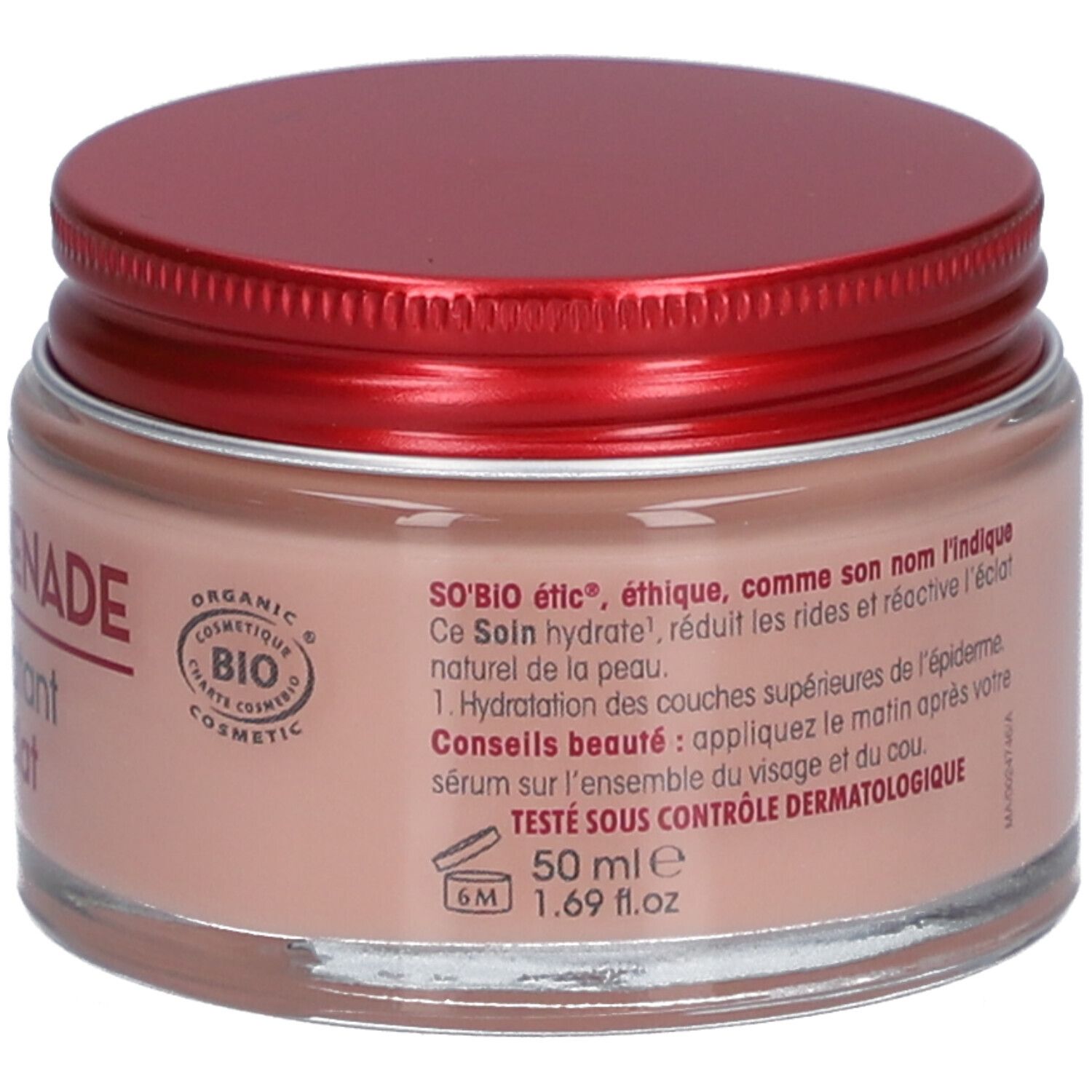 Crème in pot met rode deksel. Opschrift: 50 ml, 6M. Tekst: SO'BIO etic, bio-certificering.