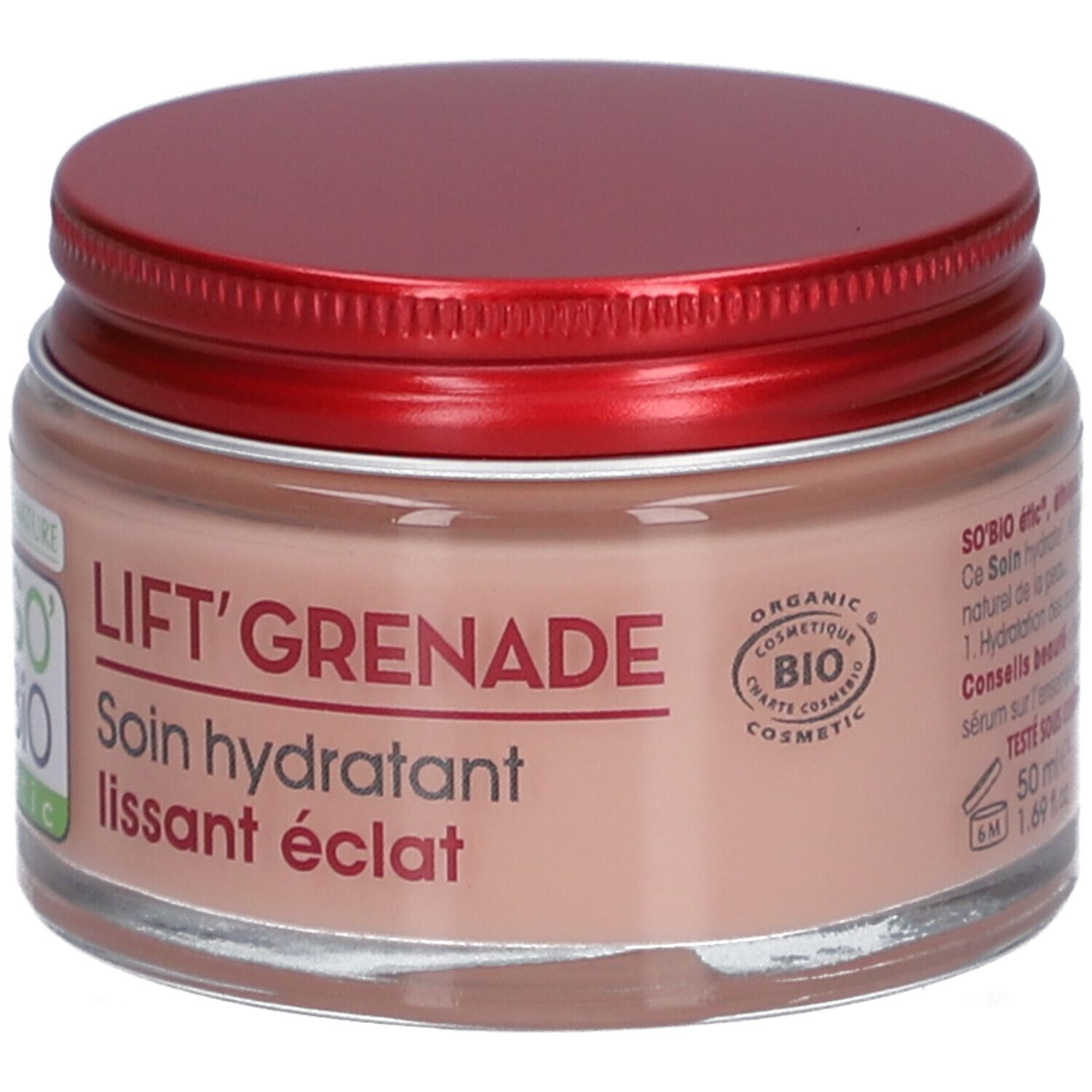Crème in pot met rode deksel. Opschrift: LIFT'GRENADE, Soin hydratant lissant éclat. Bio-certificering.