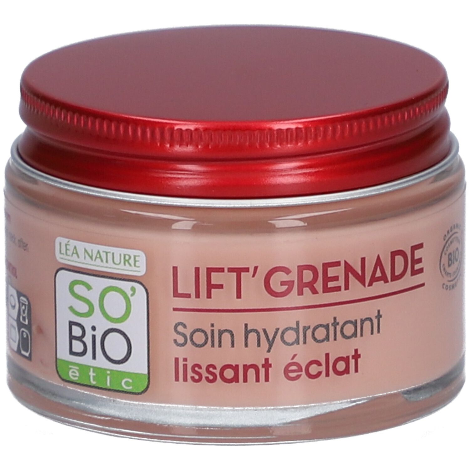 Crème in pot met rode deksel. Opschrift: LIFT'GRENADE, Soin hydratant lissant éclat. Bio-certificering.