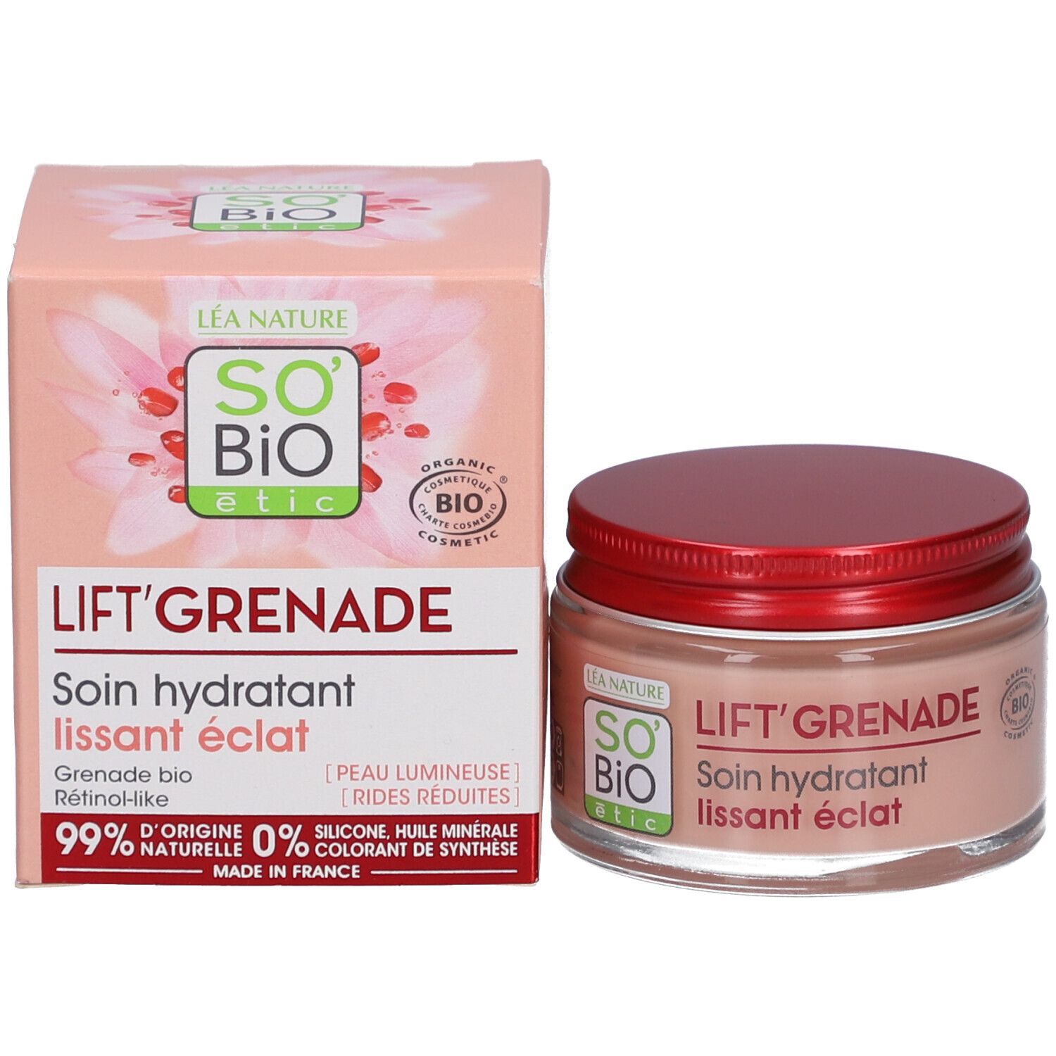 Crème en verpakking. Opschrift: LIFT'GRENADE, Soin hydratant lissant éclat. 99% natuurlijke ingrediënten.