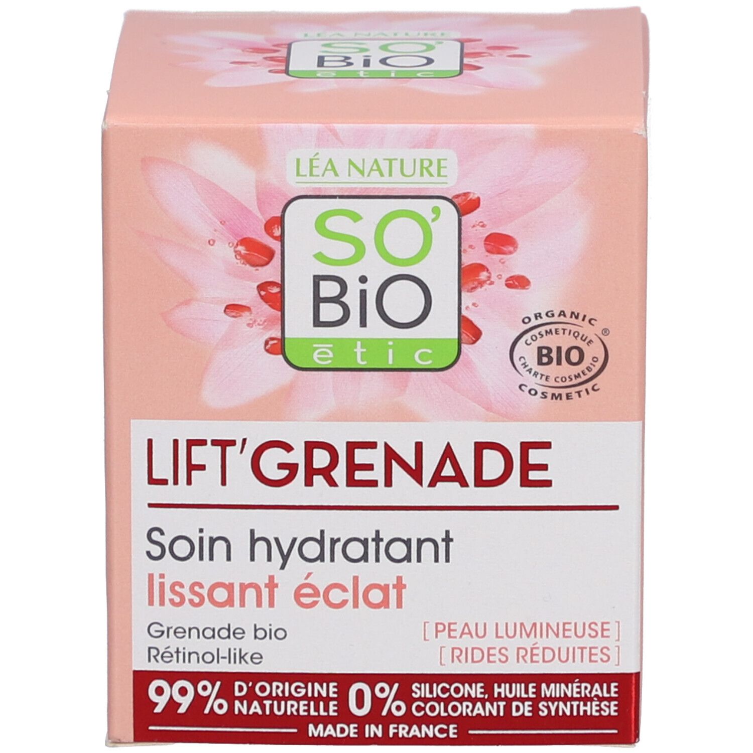 Verpakking. Opschrift: LIFT'GRENADE, Soin hydratant lissant éclat. 99% natuurlijke ingrediënten.