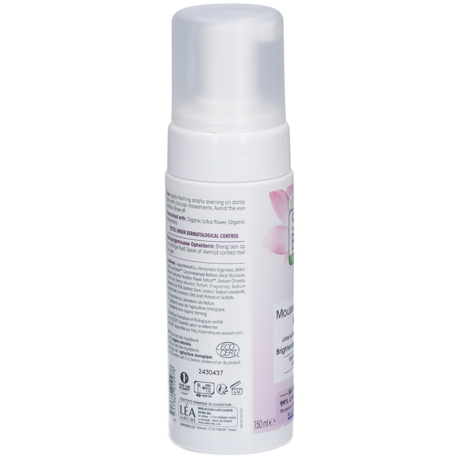 Dos du flacon blanc. Texte: ingrédients, mode d'emploi, certification bio, 150 ml. Fabriqué en France.