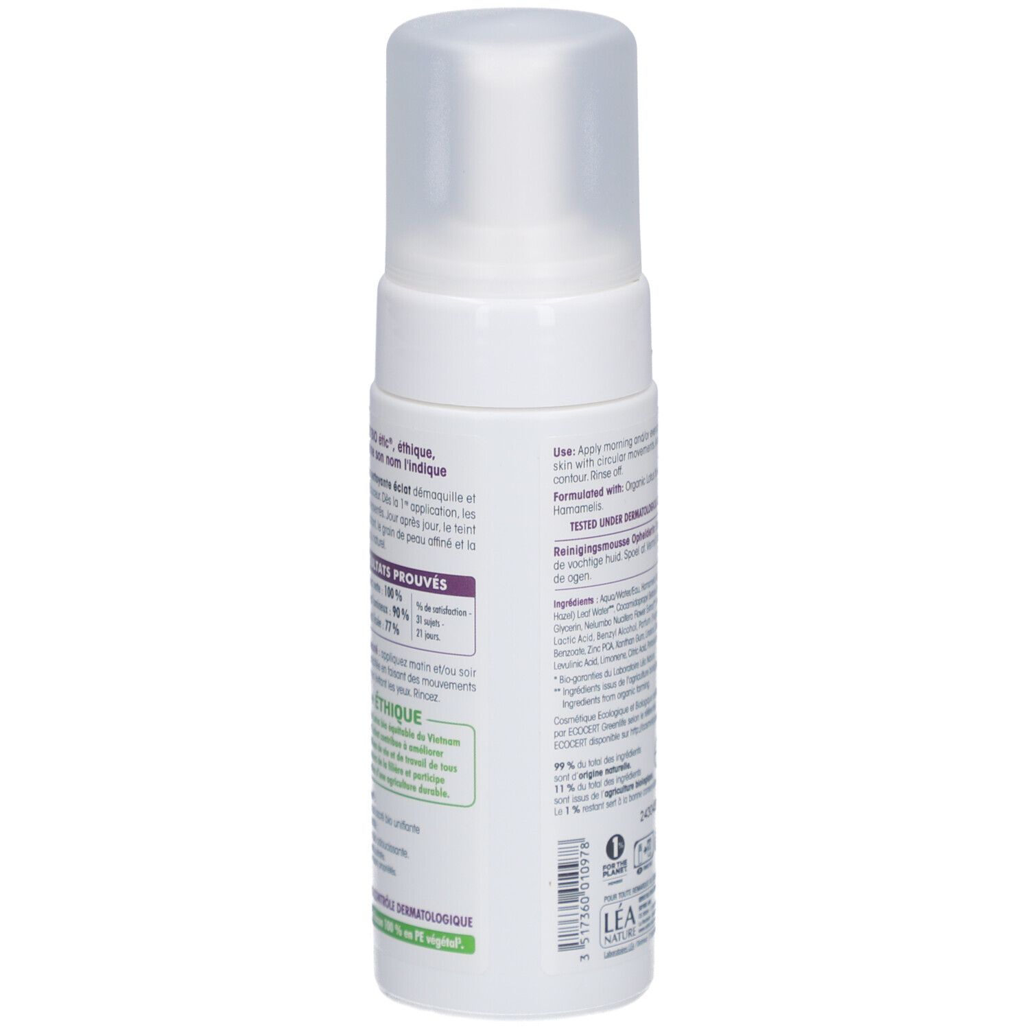 Dos du flacon blanc. Texte: ingrédients, mode d'emploi, certification bio, 150 ml. Fabriqué en France.
