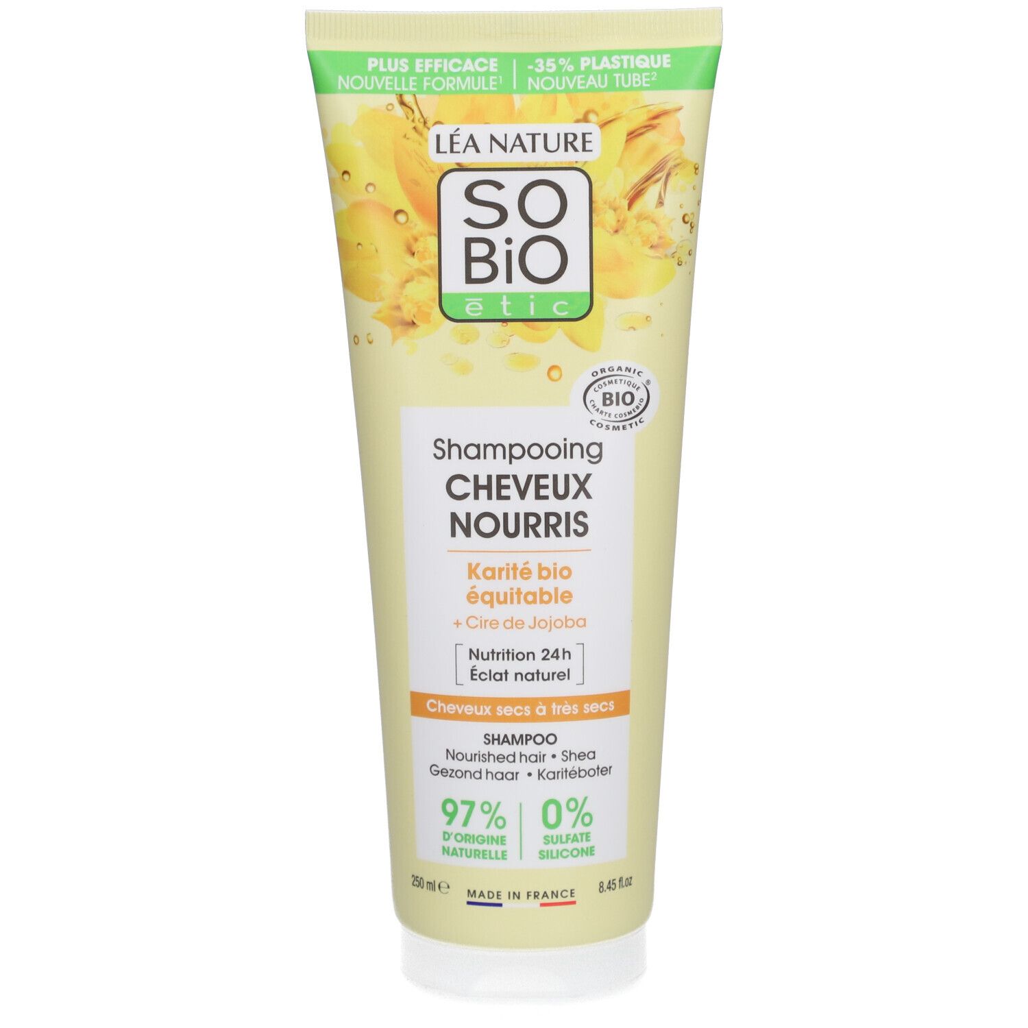 SO BIO ETIC shampoo. Gele tube met productinfo en bio-logo. Tekst: Shampooing Cheveux Nourris.
