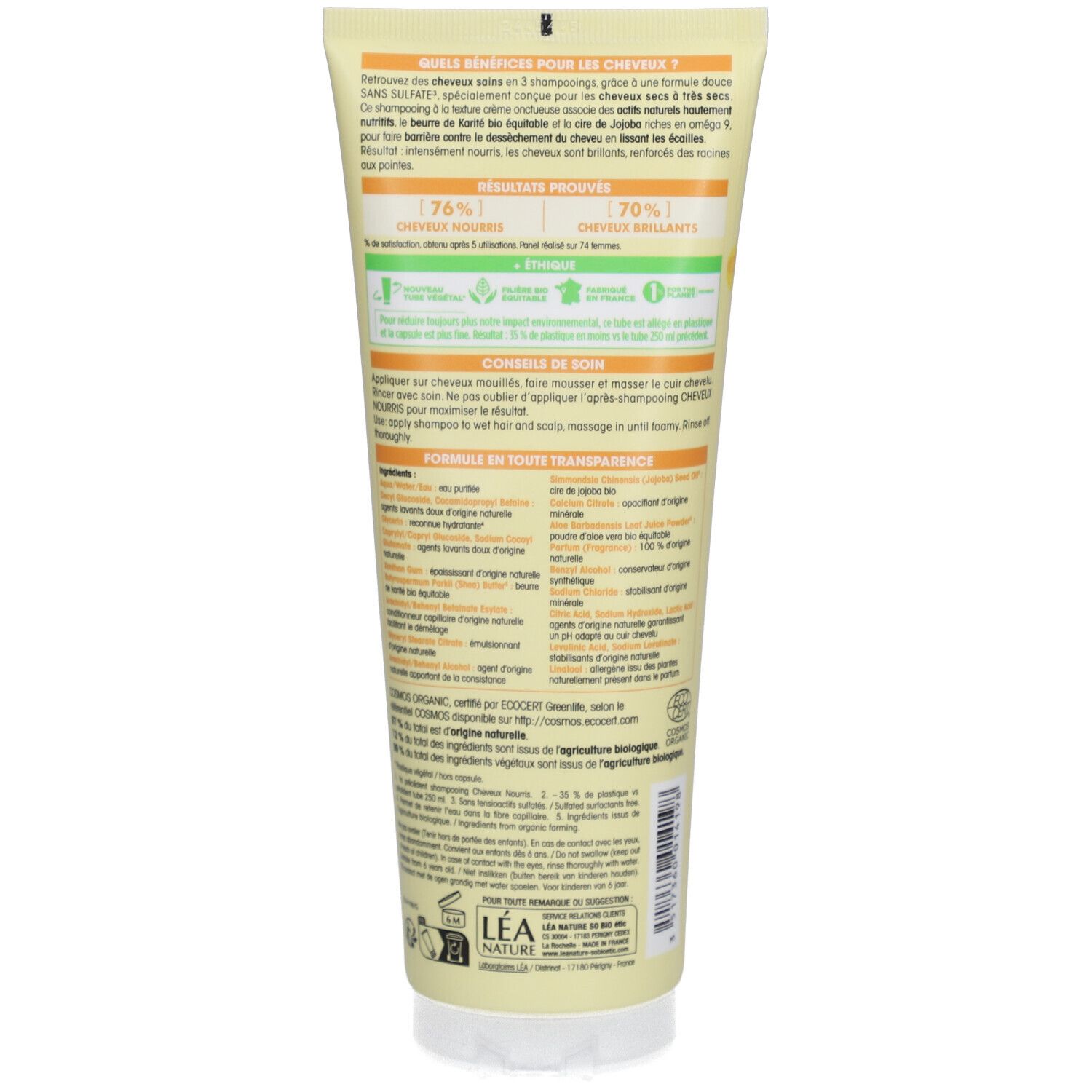 Achterkant van de SO BIO ETIC shampoo tube. Tekst en info over product, ingrediënten en certificeringen.