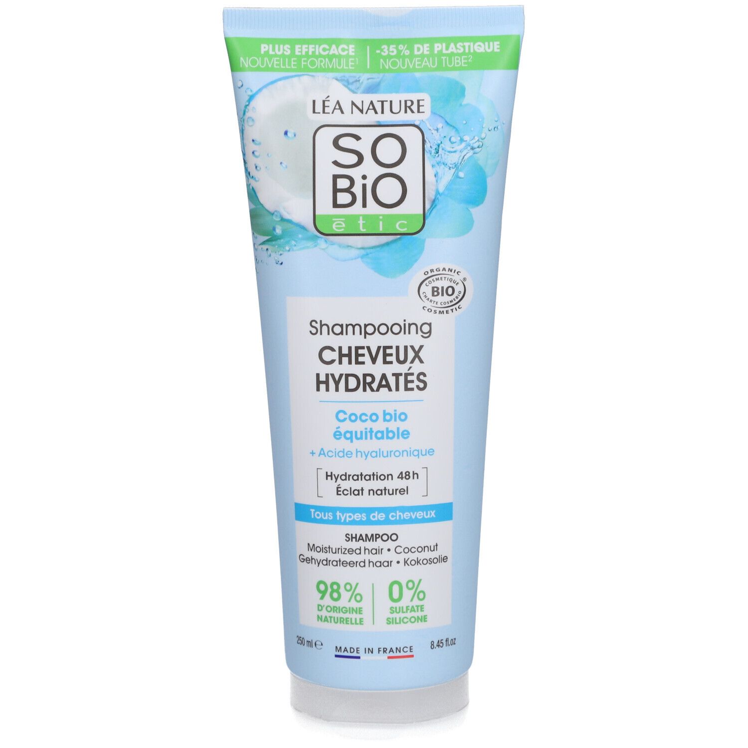 SO BIO ETIC shampoo voor gehydrateerd haar. Blauwe tube met productinformatie en bio-keurmerk.