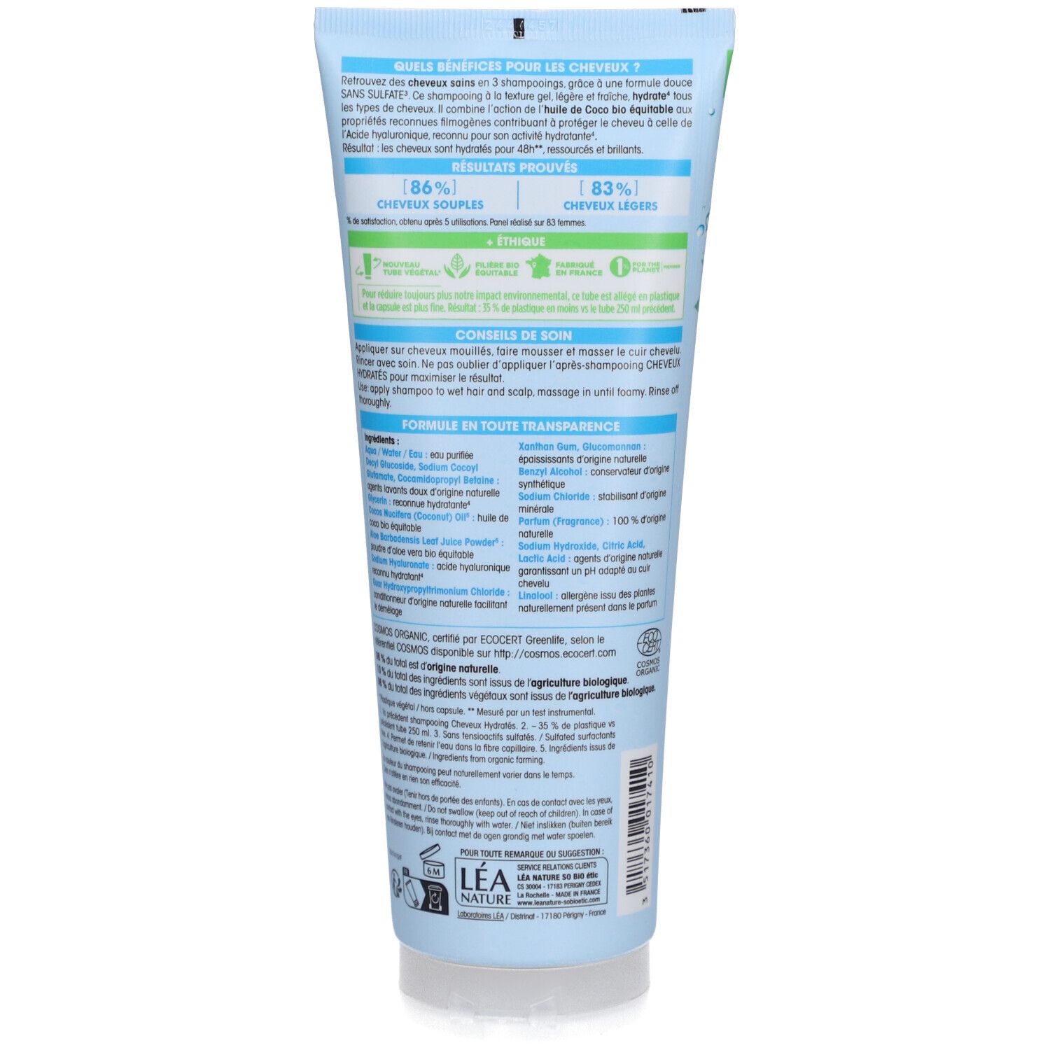 Achterkant van de SO BIO ETIC shampoo tube. Tekst met ingrediënten, gebruiksaanwijzing en certificeringen.