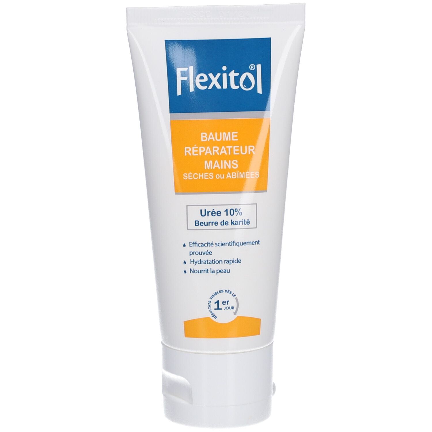Tube de crème avec nom et logo du produit. Contient 10% d'urée et beurre de karité. Tube blanc avec étiquette bleu et jaune.