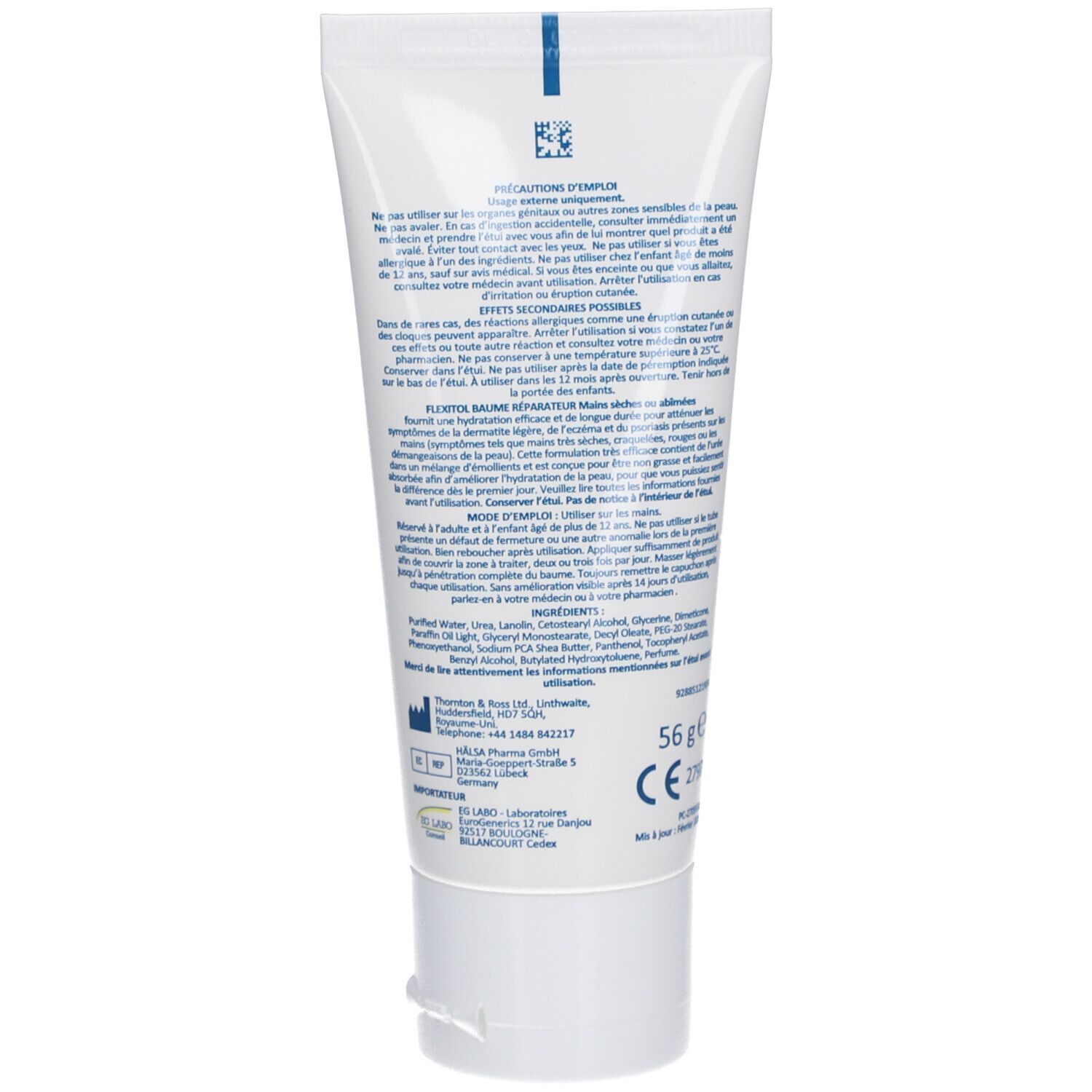 Dos du tube de crème. Contient des informations textuelles, des ingrédients et les coordonnées du fabricant. Fond blanc.