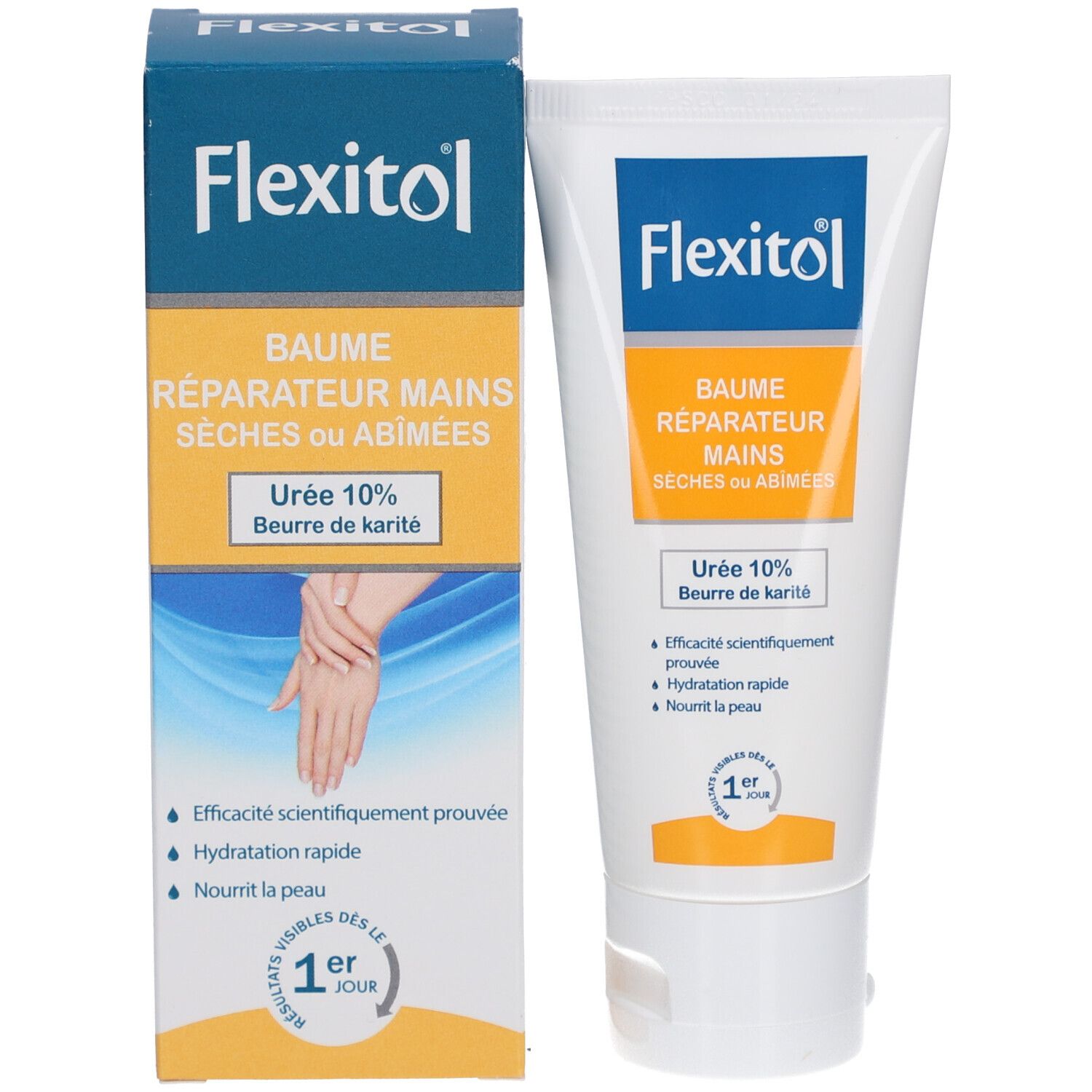 Emballage du produit et tube côte à côte. Emballage avec nom du produit, logo et image de mains. Fond blanc.