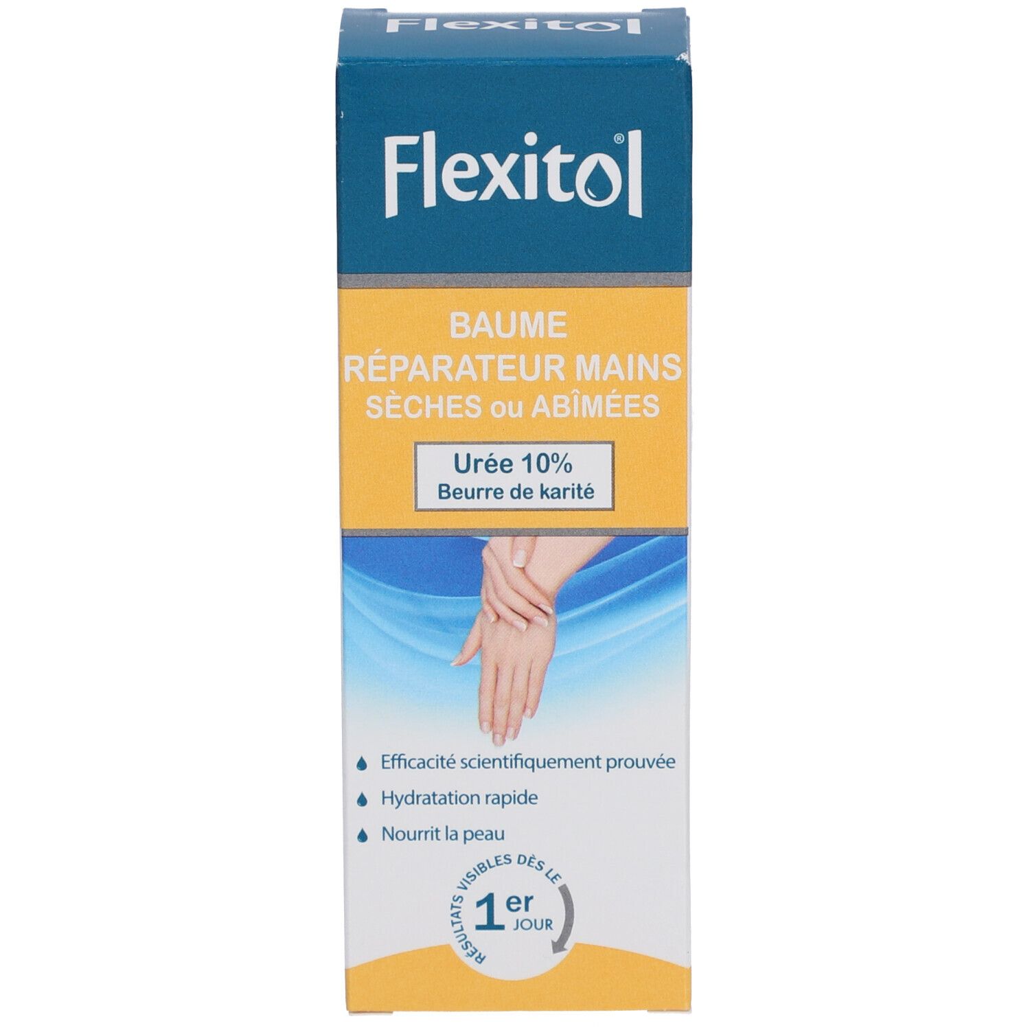 Emballage du produit avec nom, logo et image de mains. Contient 10% d'urée. Fond bleu et blanc.