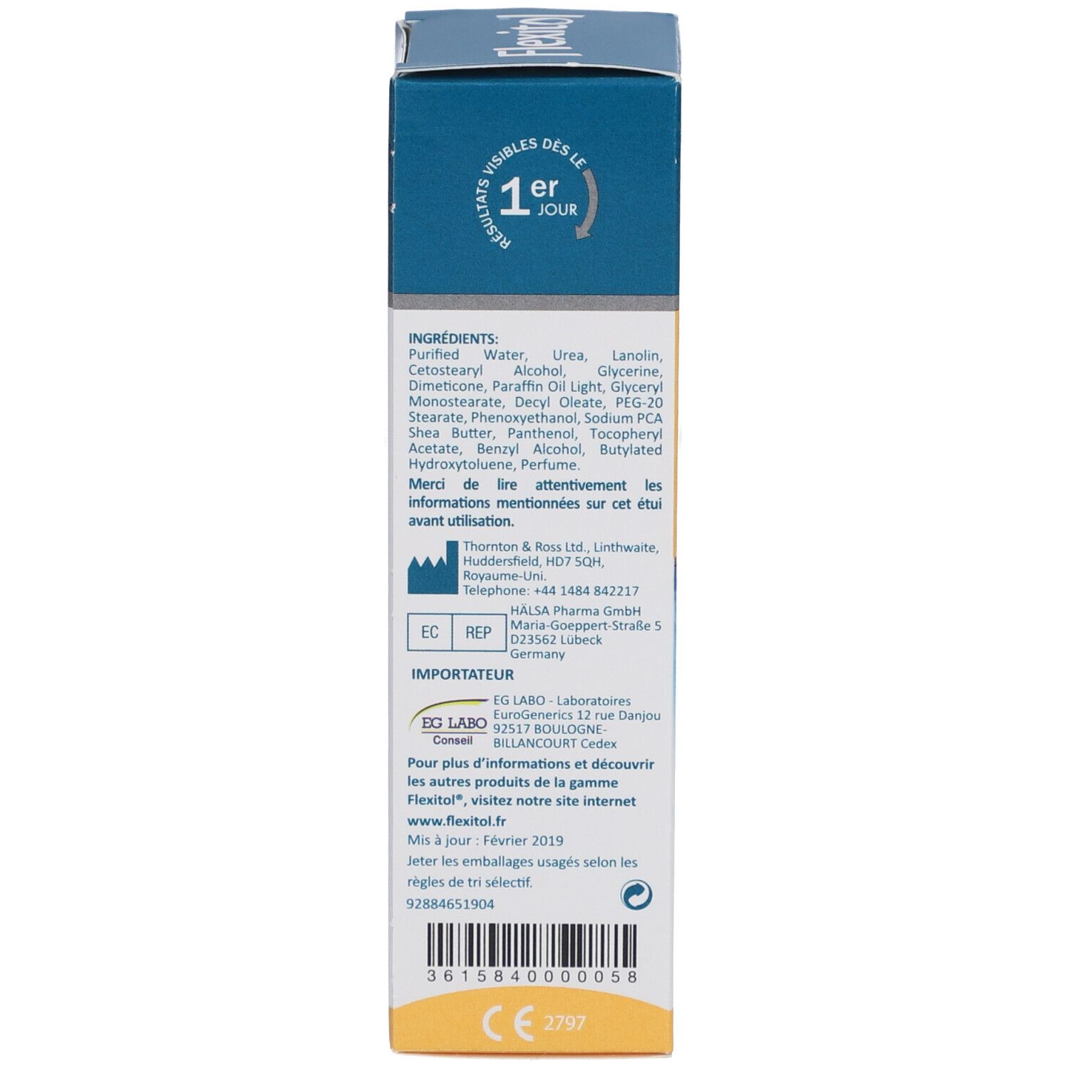 Emballage du produit, vue latérale. Contient les ingrédients, les informations du fabricant et les détails de l'importateur. Fond bleu et jaune.