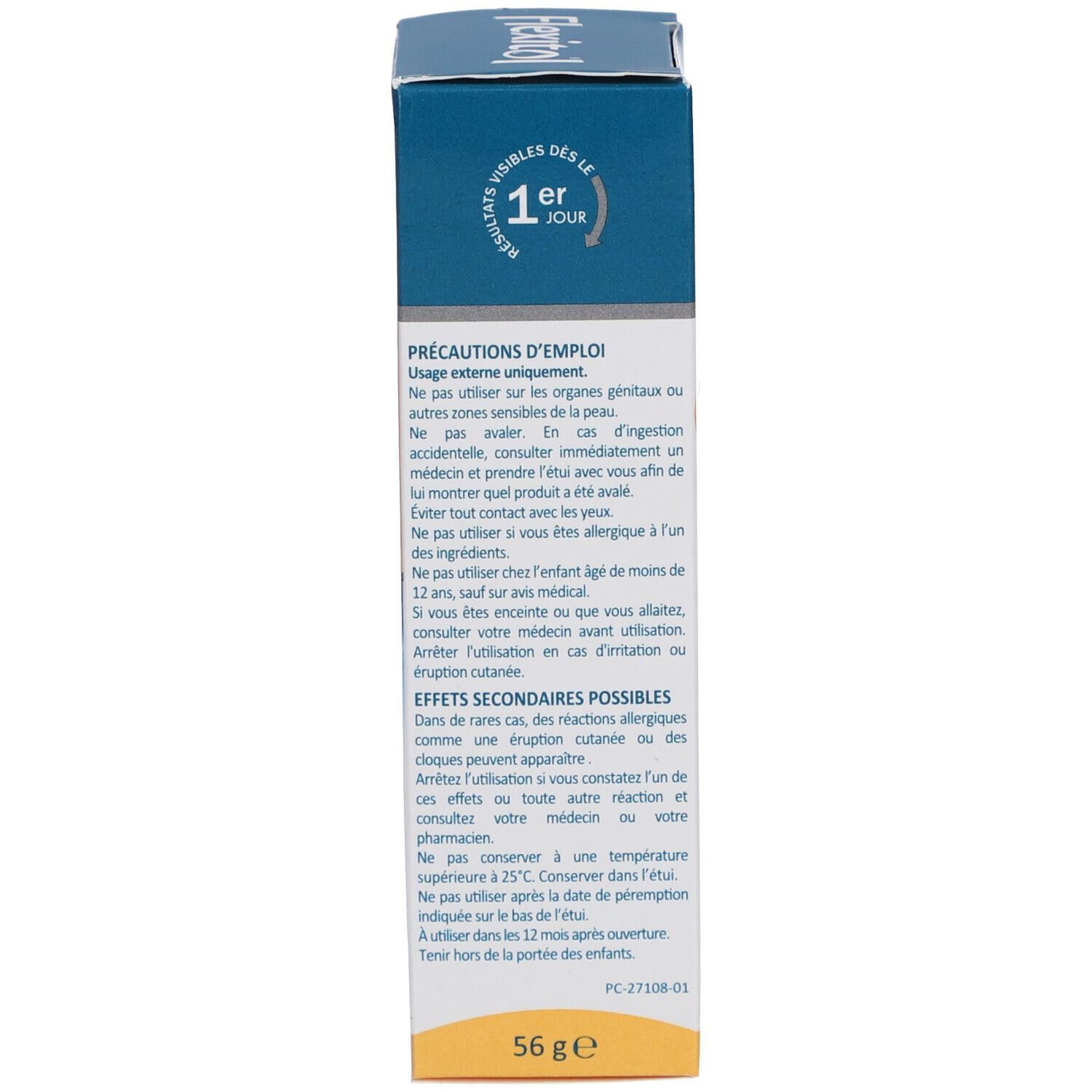 Emballage du produit, vue latérale. Contient des instructions d'utilisation et des informations sur les effets secondaires. Fond bleu et jaune.