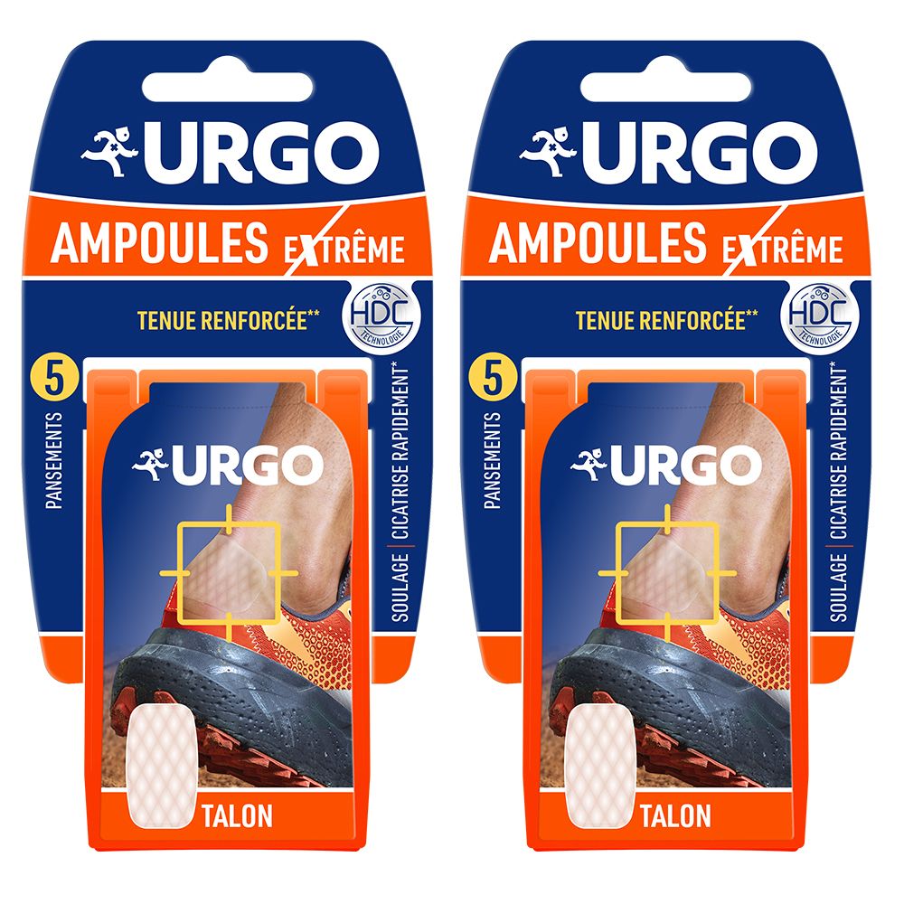 Deux emballages de pansements. Emballage bleu et orange avec nom et logo du produit. Illustration d'un pied.