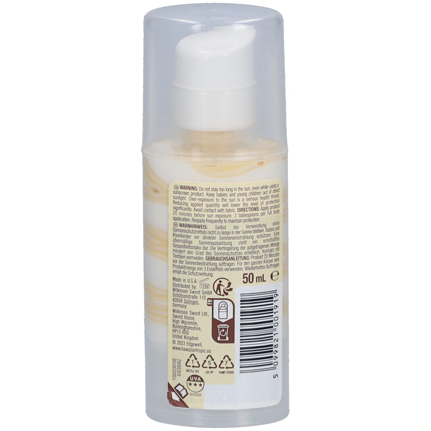 Achterkant van de zonnebrandcrèmefles. Bevat tekst, barcode en 50 ml-aanduiding.