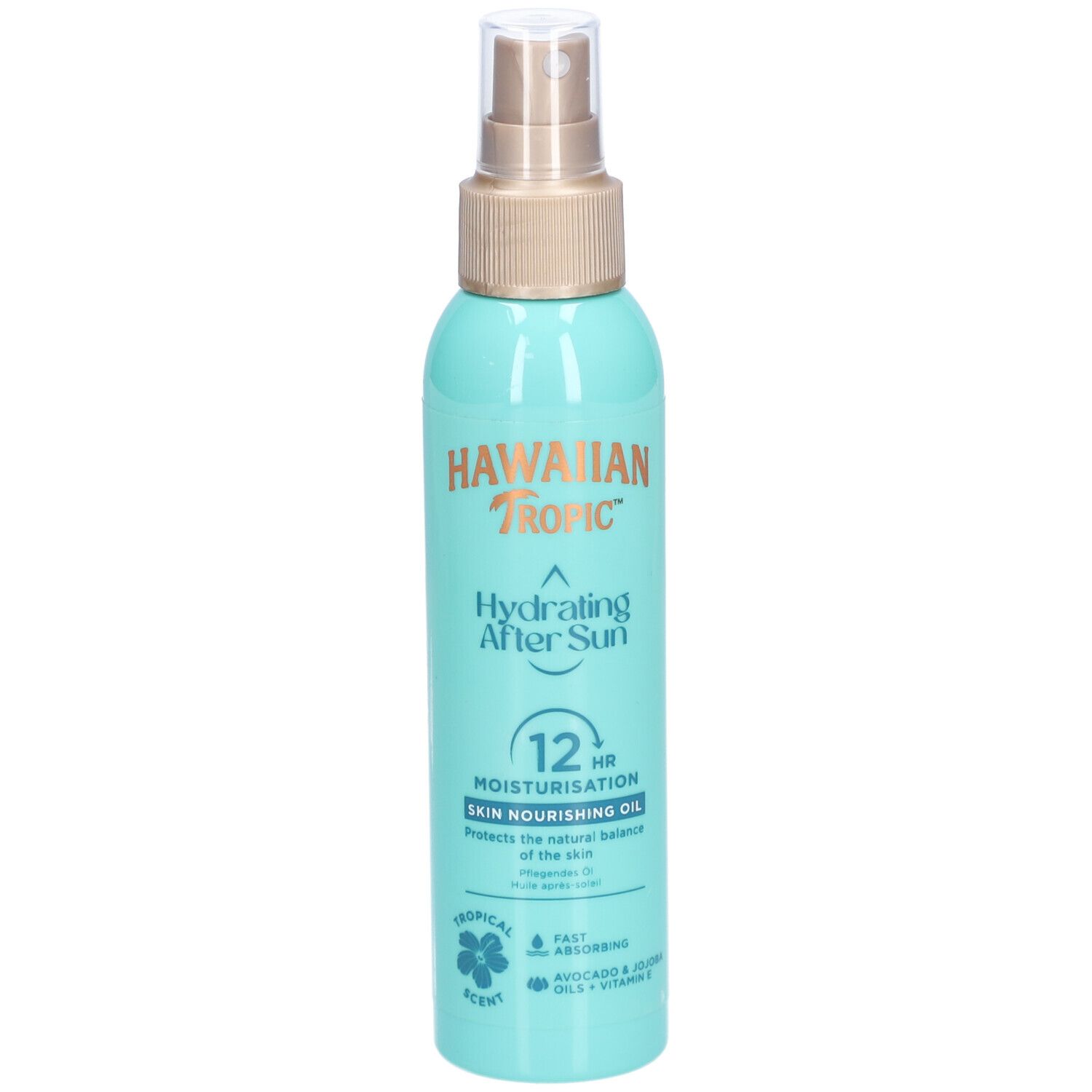 Turquoise sprayfles met gouden sproeikop. Opschrift: Hawaiian Tropic, Hydrating After Sun, 12hr Moisturisation.