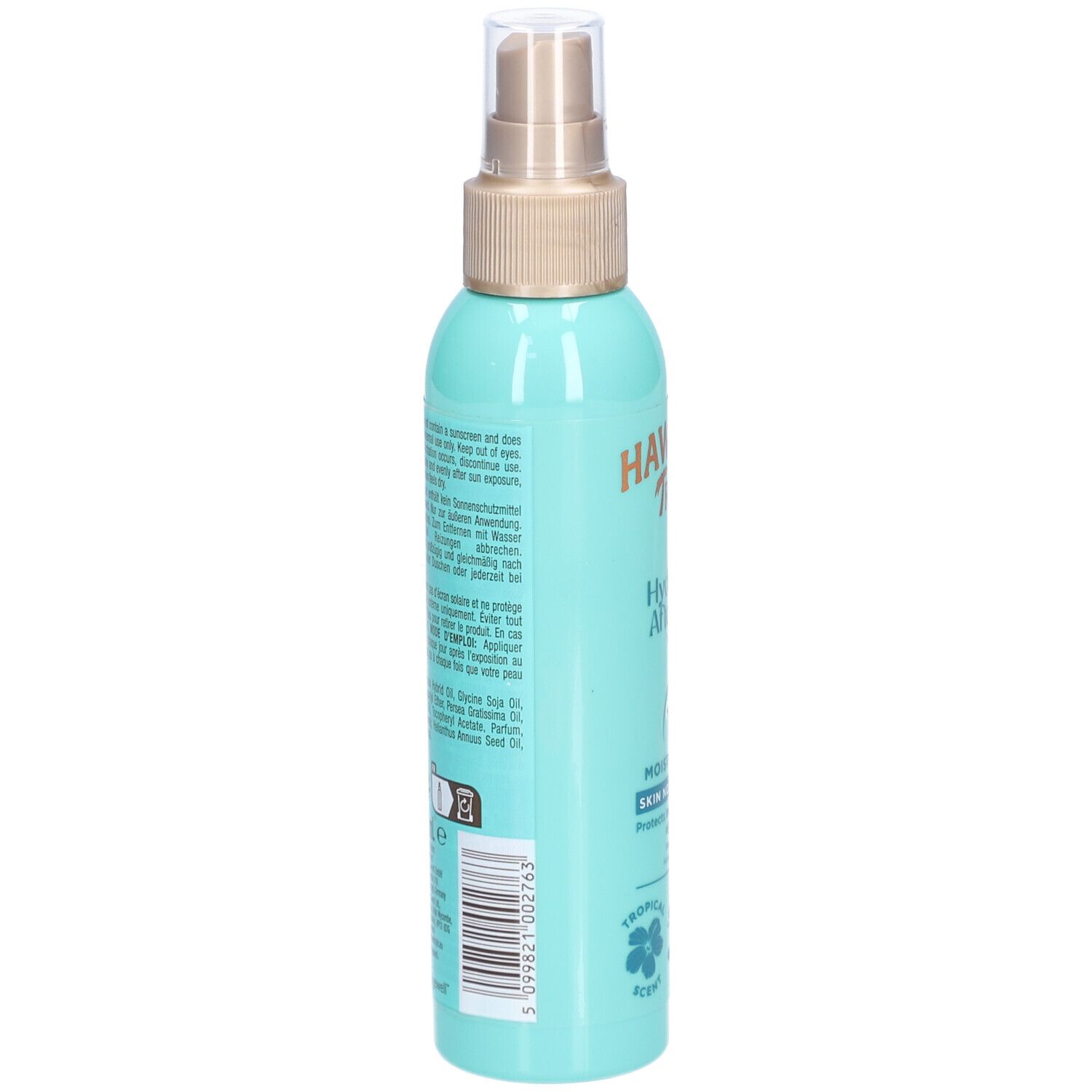 Achterkant van de turquoise sprayfles. Tekst in meerdere talen. Bevat informatie over ingrediënten en gebruik.