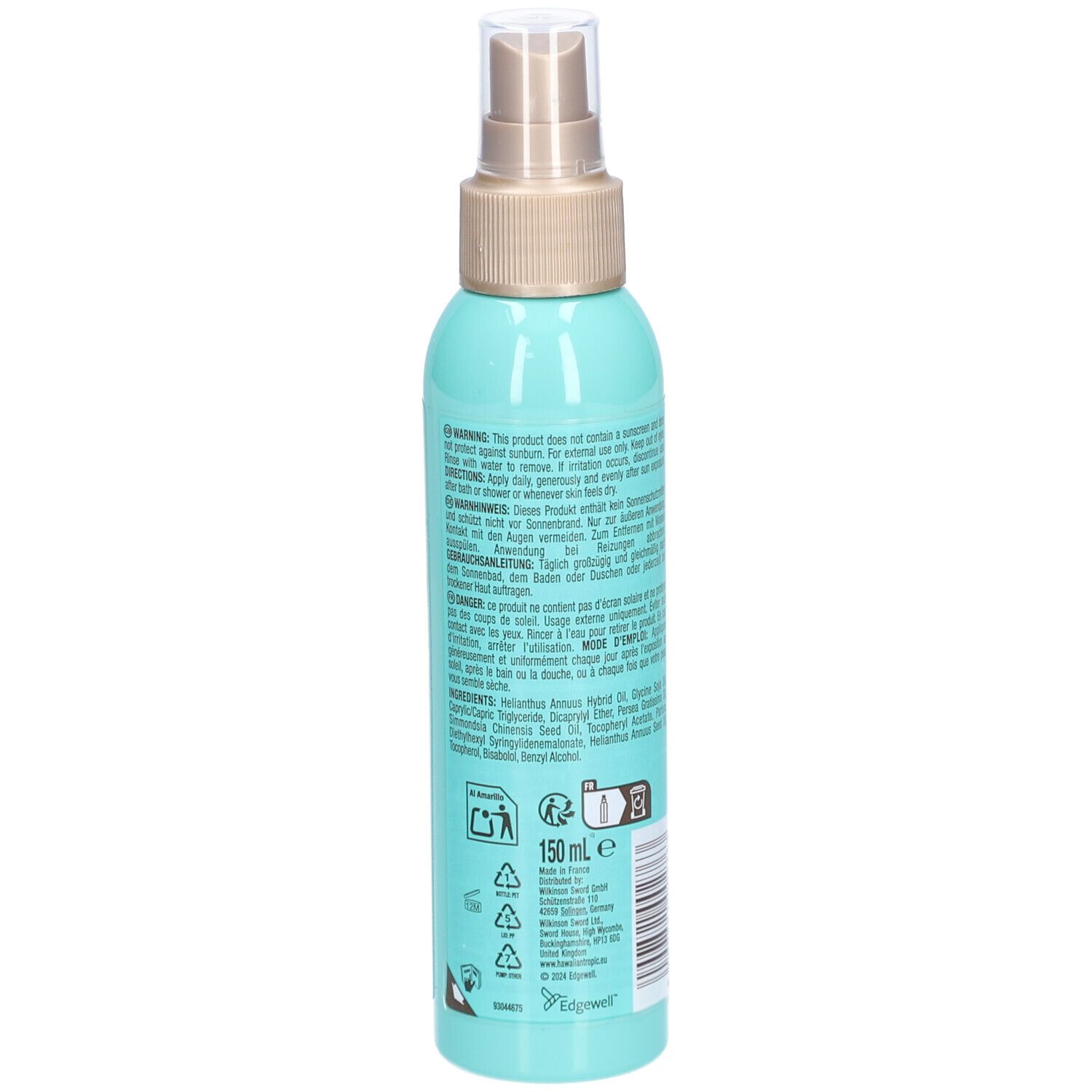 Achterkant van de turquoise sprayfles. Tekst in meerdere talen. Bevat informatie over ingrediënten en gebruik.