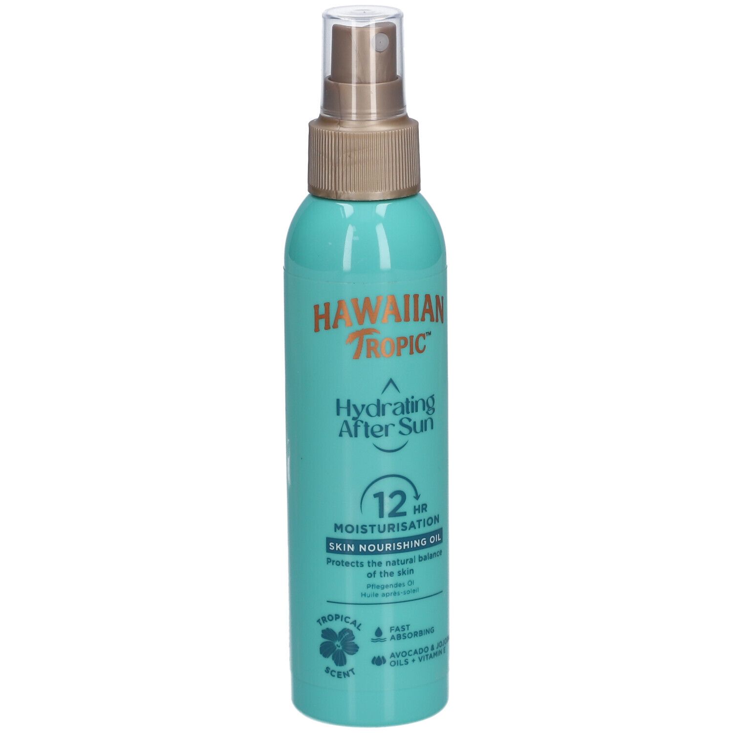 Turquoise sprayfles met gouden sproeikop. Opschrift: Hawaiian Tropic, Hydrating After Sun, 12hr Moisturisation.