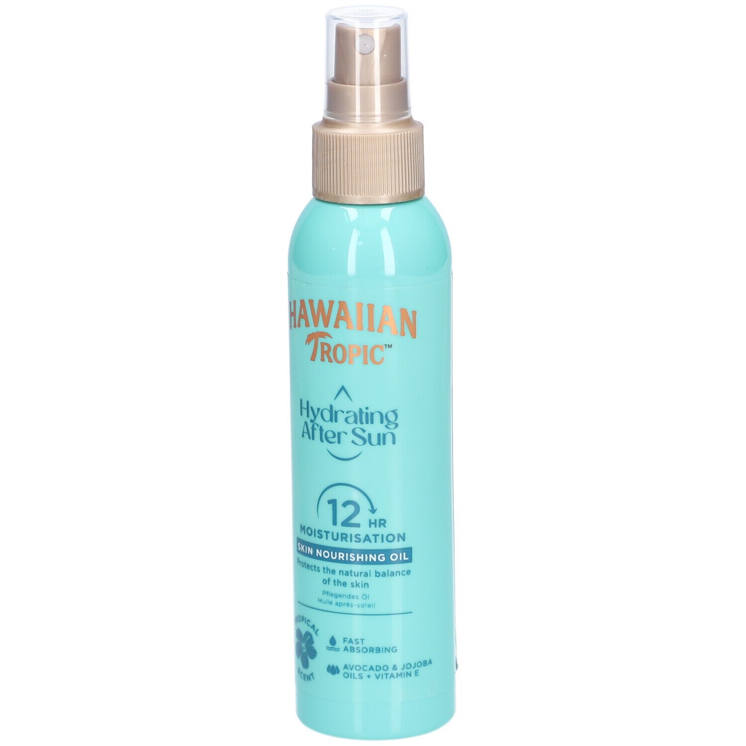 Turquoise sprayfles met gouden sproeikop. Opschrift: Hawaiian Tropic, Hydrating After Sun, 12hr Moisturisation.