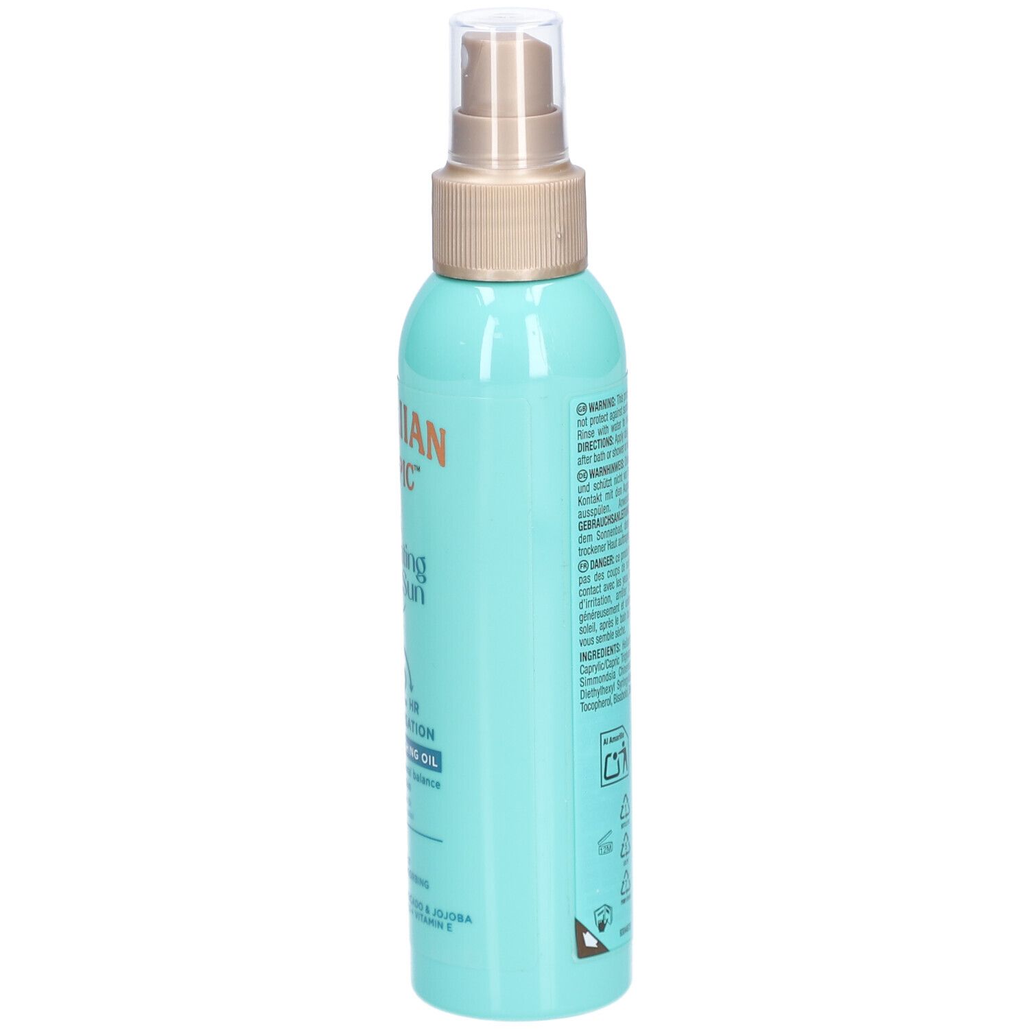 Turquoise sprayfles, zijaanzicht. Opschrift: Hawaiian Tropic, Hydrating After Sun, 12hr Moisturisation. Tekst.