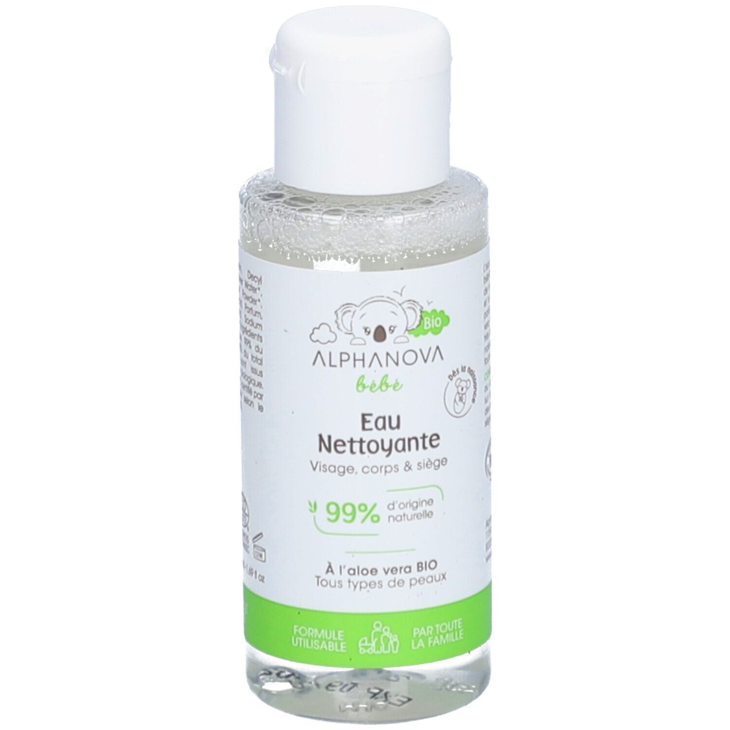 Flacon d'eau nettoyante avec bouchon blanc. Inscription: Alphanova Bébé, Eau Nettoyante, 99% d'origine naturelle.