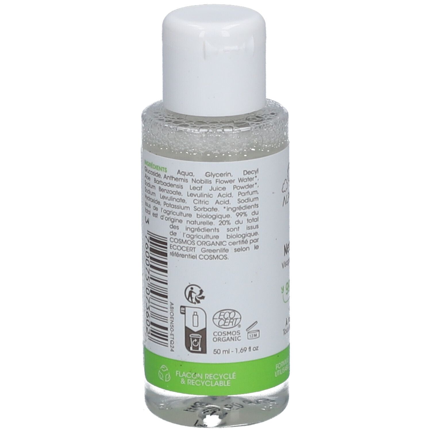 Dos du flacon avec ingrédients et certifications. Inscription: ECO CERT COSMOS ORGANIC, 50 ml.