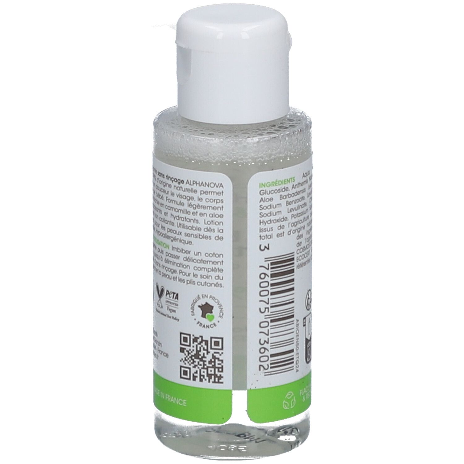 Dos du flacon avec texte et code QR. Inscription: Made in France, logo PETA.
