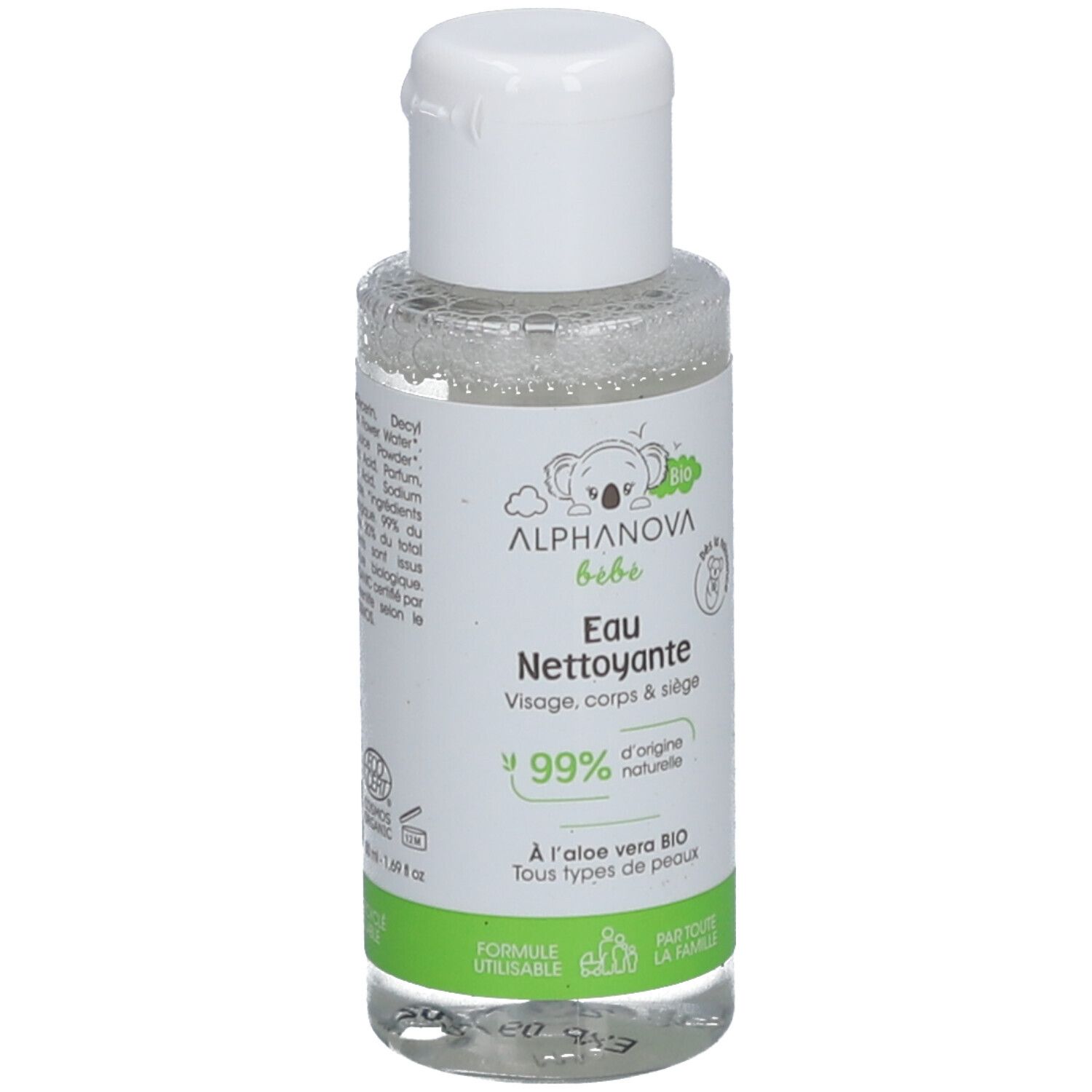 Flacon d'eau nettoyante avec bouchon blanc. Inscription: Alphanova Bébé, Eau Nettoyante, 99% d'origine naturelle.