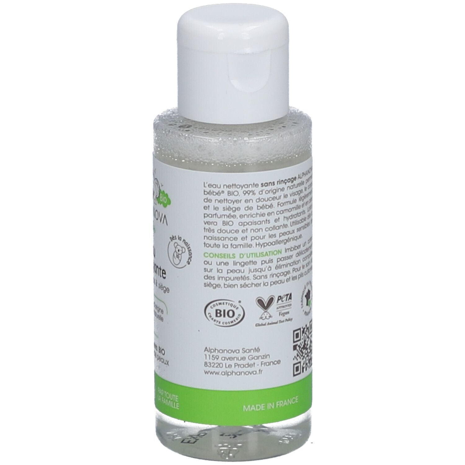 Dos du flacon avec texte et logos. Inscription: Alphanova Santé, BIO, logo PETA, Made in France.