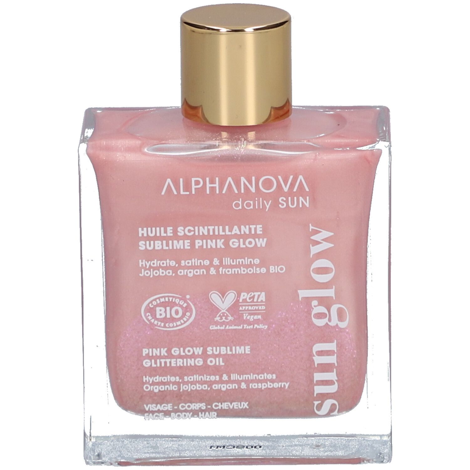 Roze glinsterende olie in vierkante glazen fles met gouden dop. Tekst: Alphanova, Pink Glow.