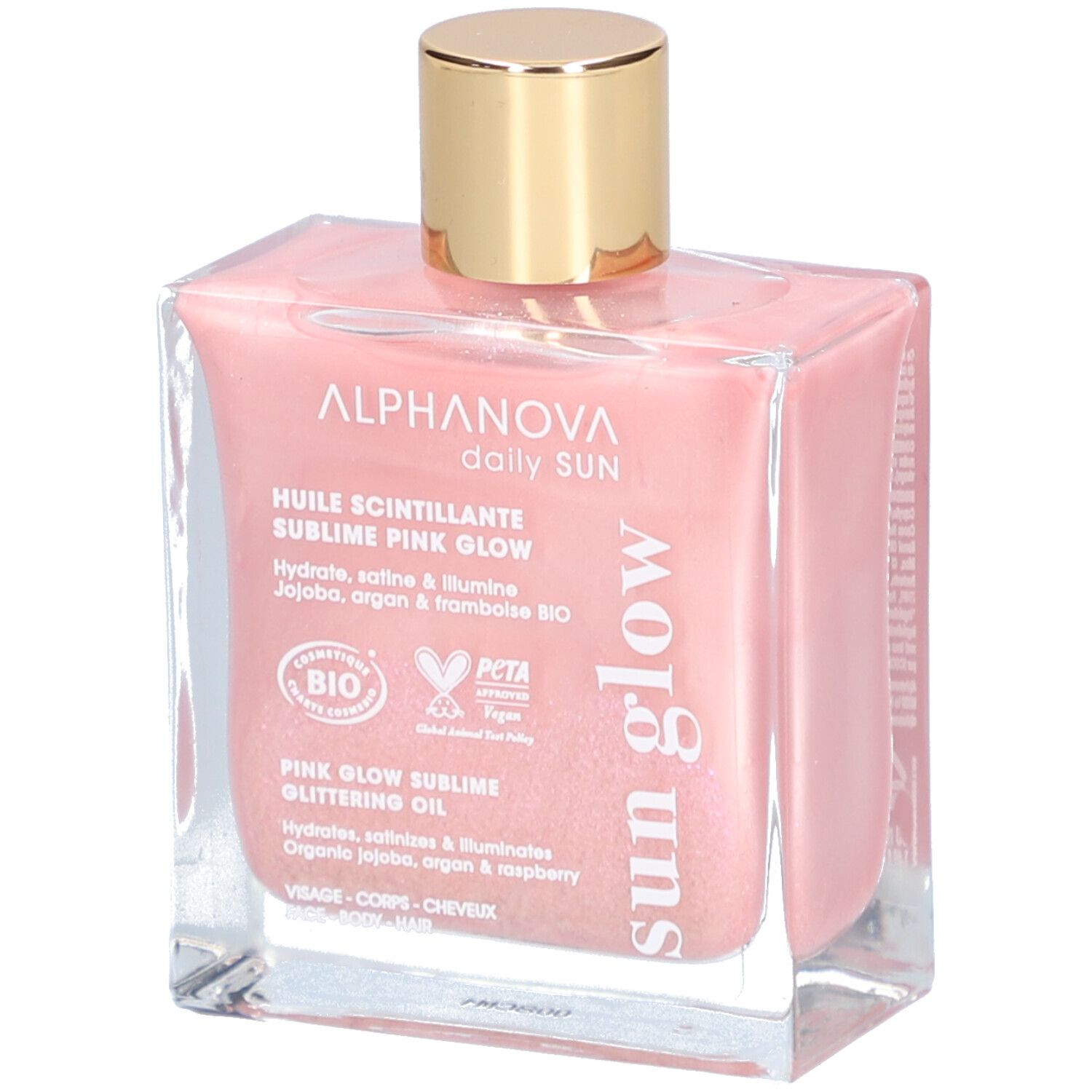 Roze glinsterende olie in vierkante glazen fles met gouden dop. Tekst: Alphanova, Pink Glow.