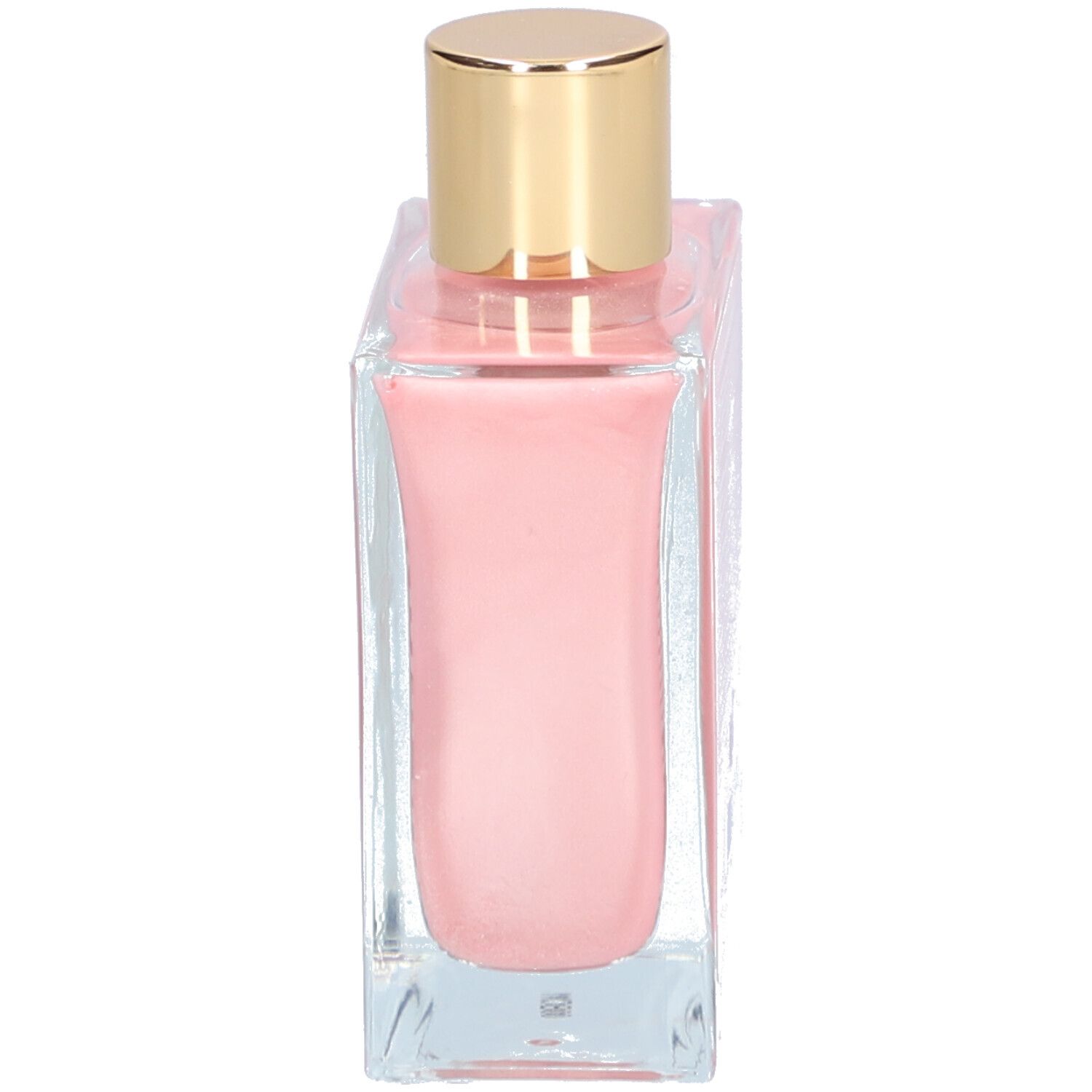 Roze vloeistof in vierkante glazen fles met gouden dop. Vooraanzicht van het product.