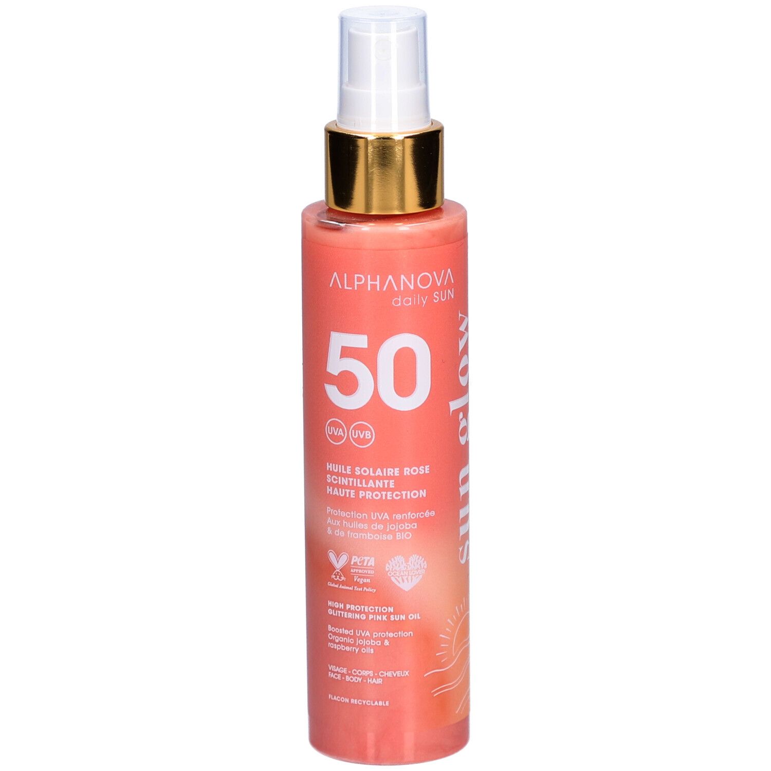 Zonne-olie spray met gouden sproeikop. Opschrift: 50, UVA/UVB, Huile solaire Rose scintillante. Vegan logo.