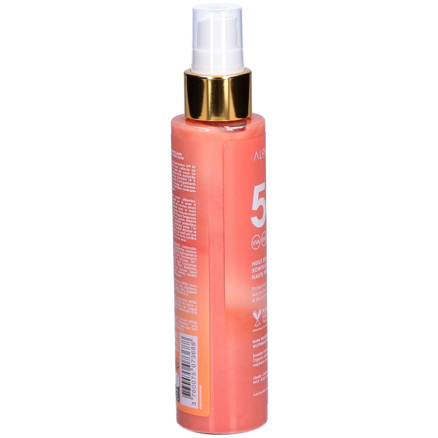 Zonne-olie spray, zijaanzicht. Gouden sproeikop, roze fles. Franse tekst. Vegan logo.