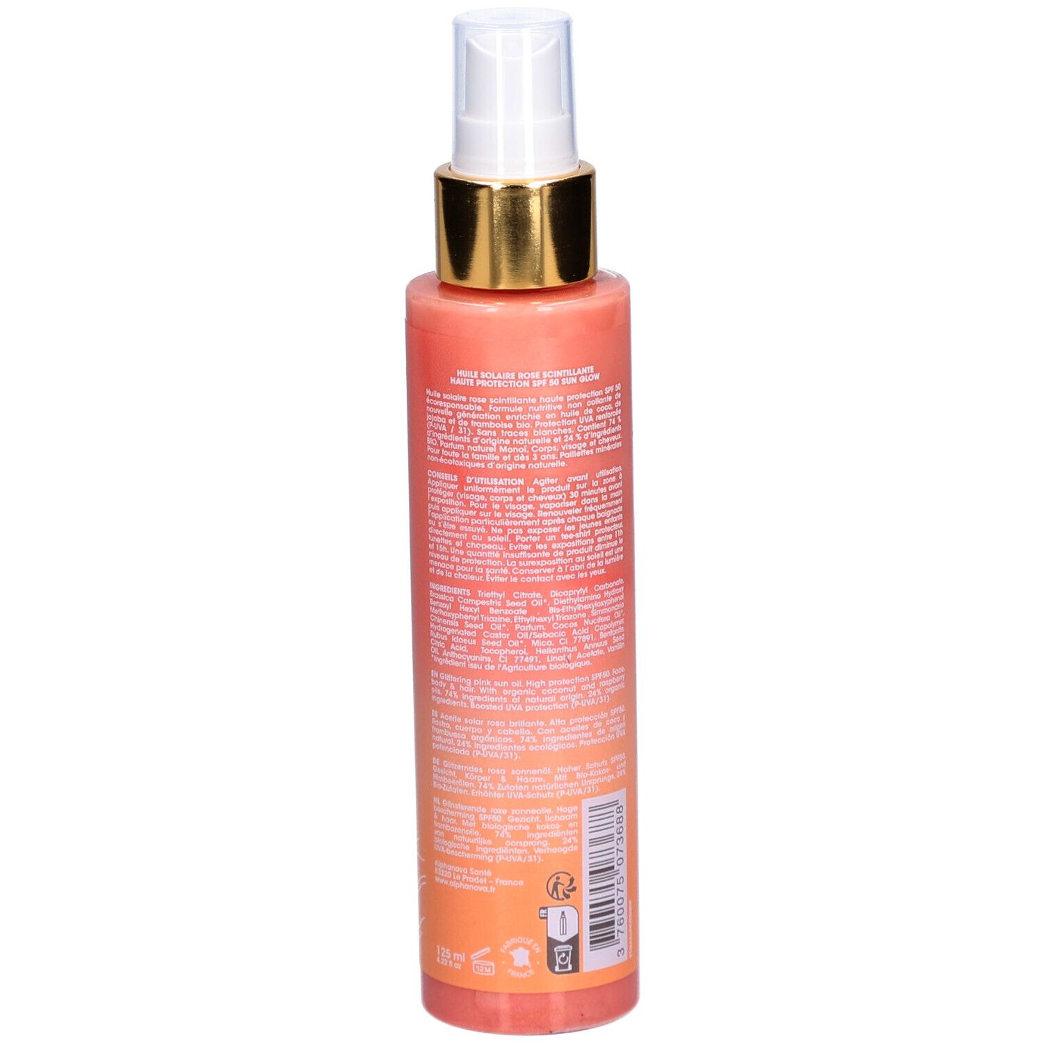 Achteraanzicht van de zonne-olie spray. Roze fles met tekst. Gouden sproeikop. Franse tekst.