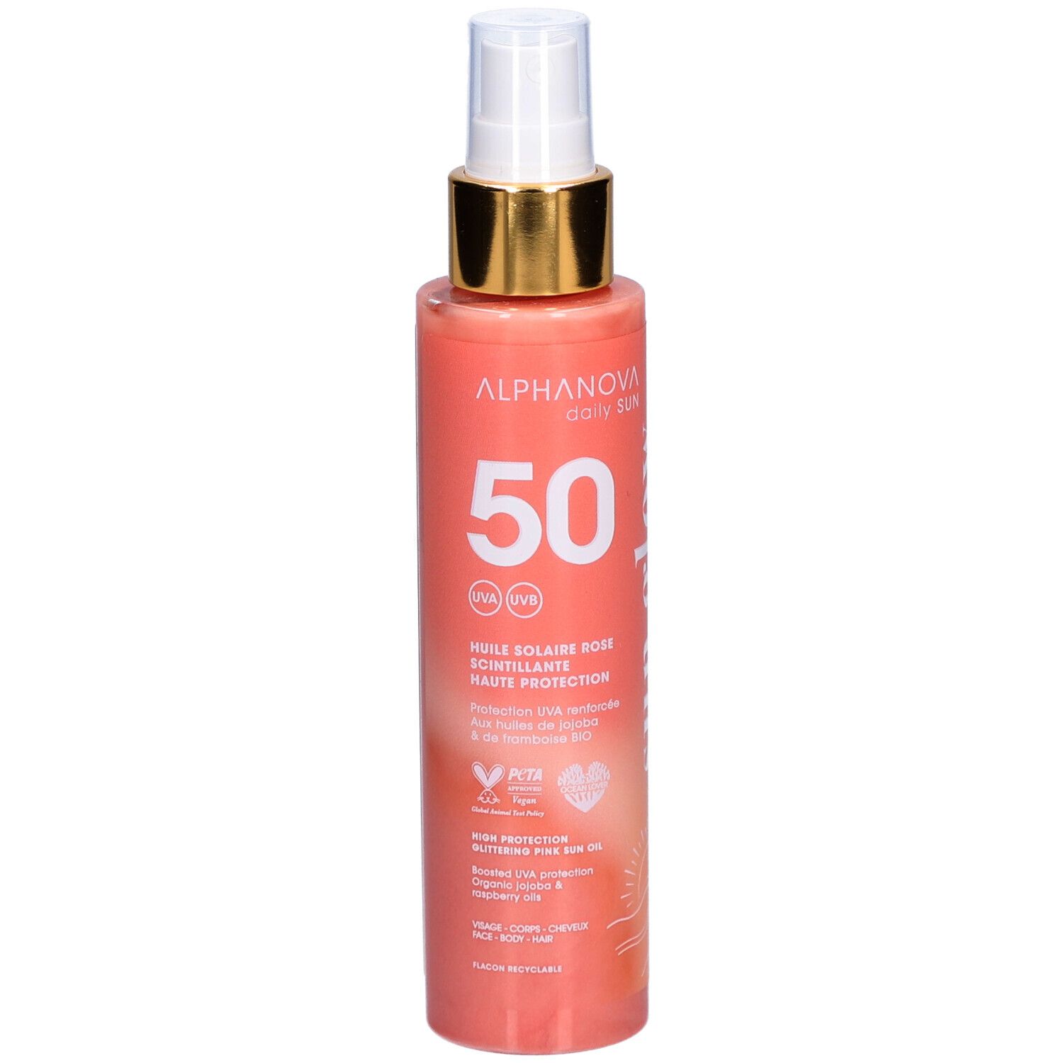 Zonne-olie spray met gouden sproeikop. Opschrift: 50, UVA/UVB, Huile solaire Rose scintillante. Vegan logo.