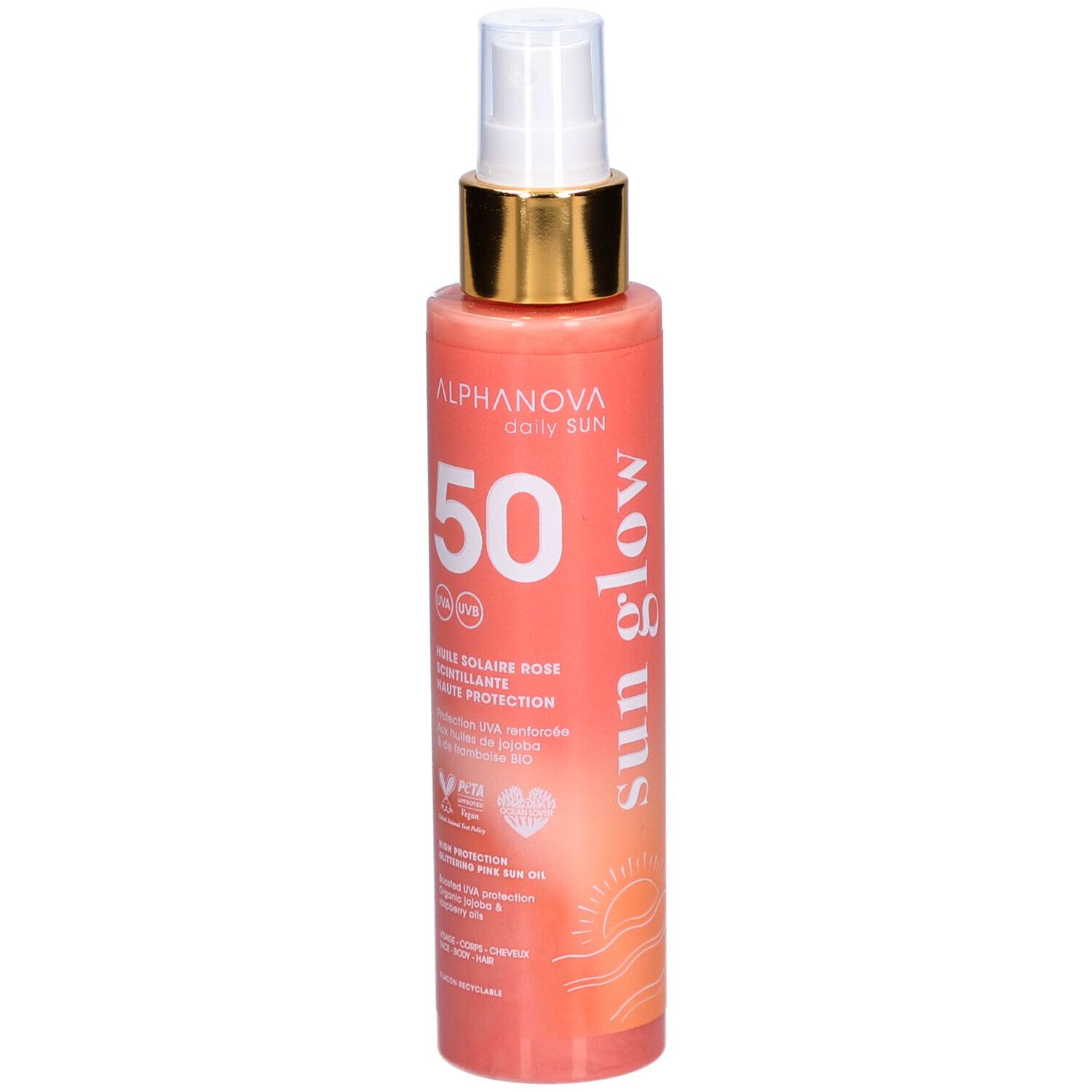 Zonne-olie spray met gouden sproeikop. Opschrift: 50, UVA/UVB, Huile solaire Rose scintillante. Vegan logo.