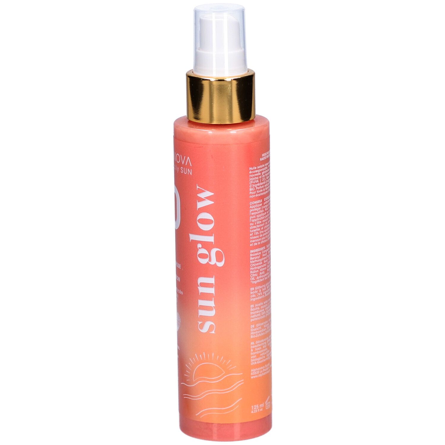 Zonne-olie spray met gouden sproeikop. Opschrift: 50, UVA/UVB, Huile solaire Rose scintillante. Vegan logo.