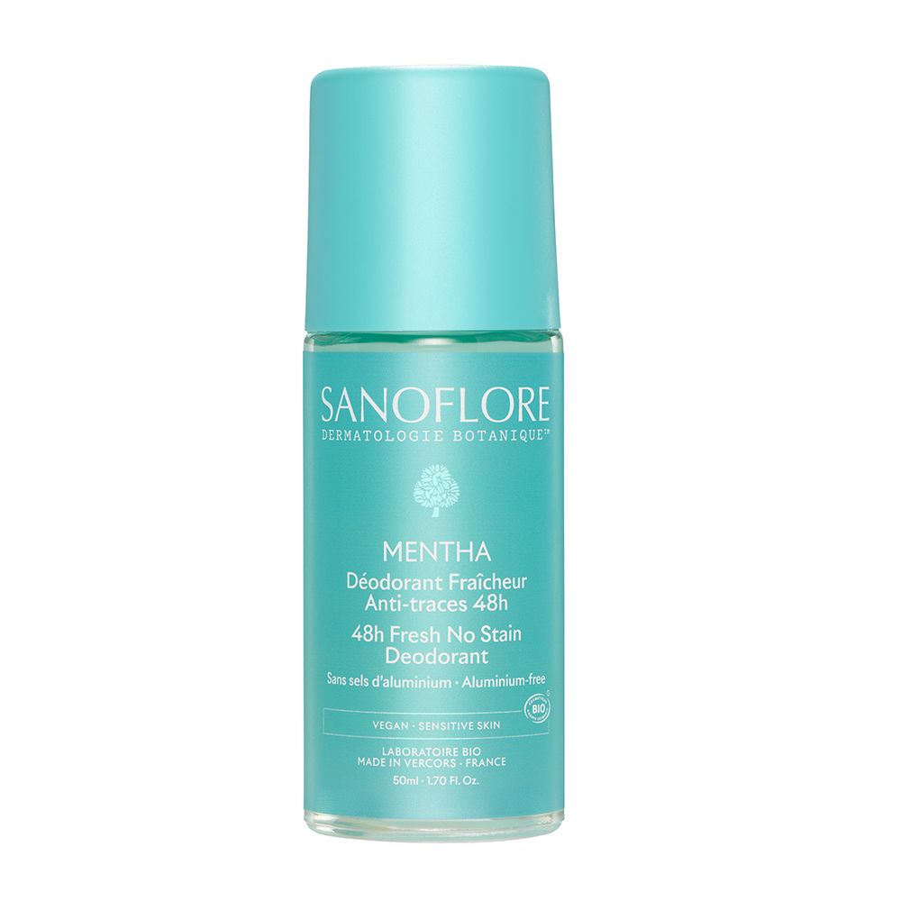 Turquoise roll-on deodorantfles. Opschrift: SANOFLORE, MENTHA, Déodorant Fraîcheur Anti-traces 48h. Bio-certificering.