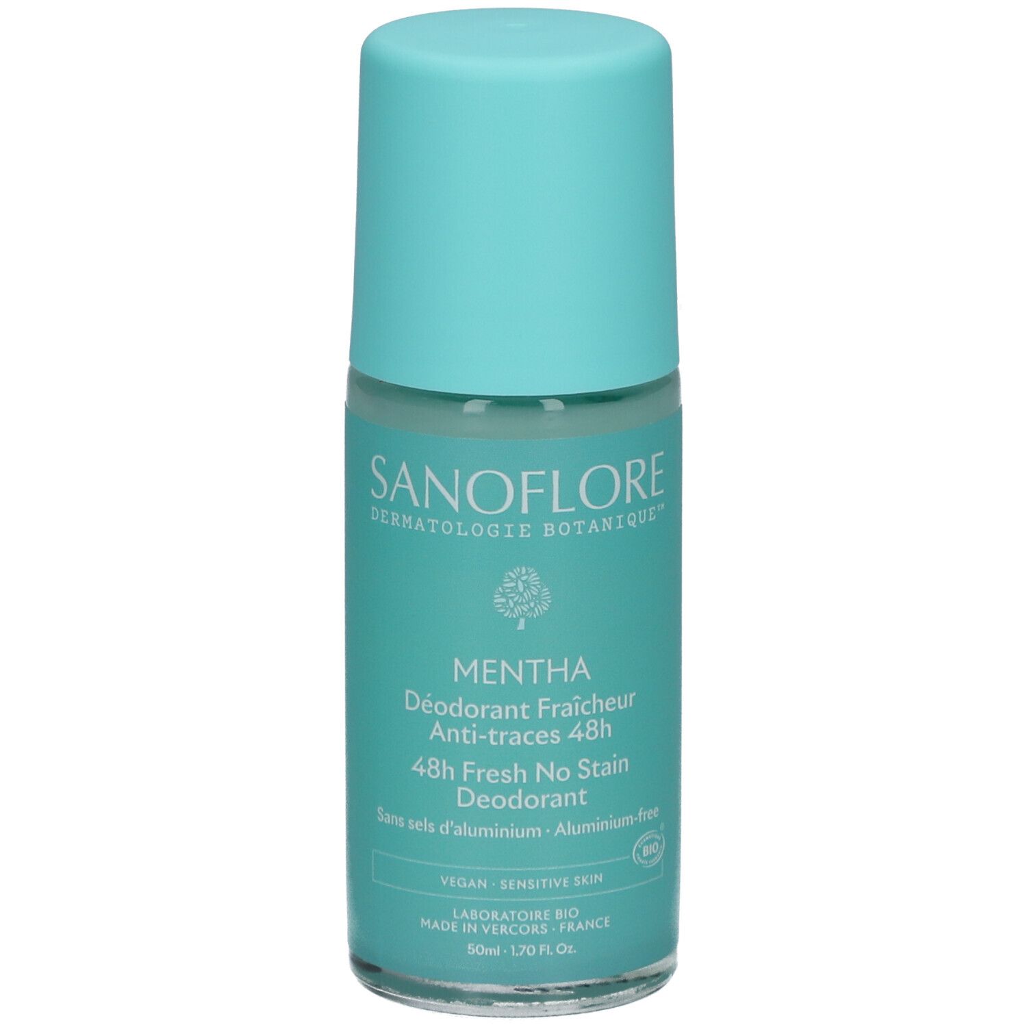 Turquoise roll-on deodorant. Opschrift: SANOFLORE, MENTHA, 48h Fresh No Stain. Vegan, gevoelige huid.