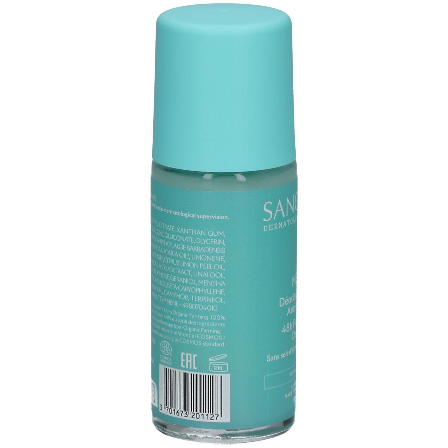 Achterkant van de turquoise roll-on deodorant. Ingrediëntenlijst en informatie. Bio-certificering.