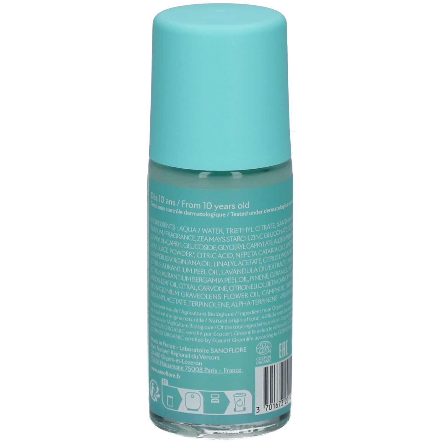 Achterkant van de turquoise roll-on deodorant. Ingrediëntenlijst en informatie. Bio-certificering.