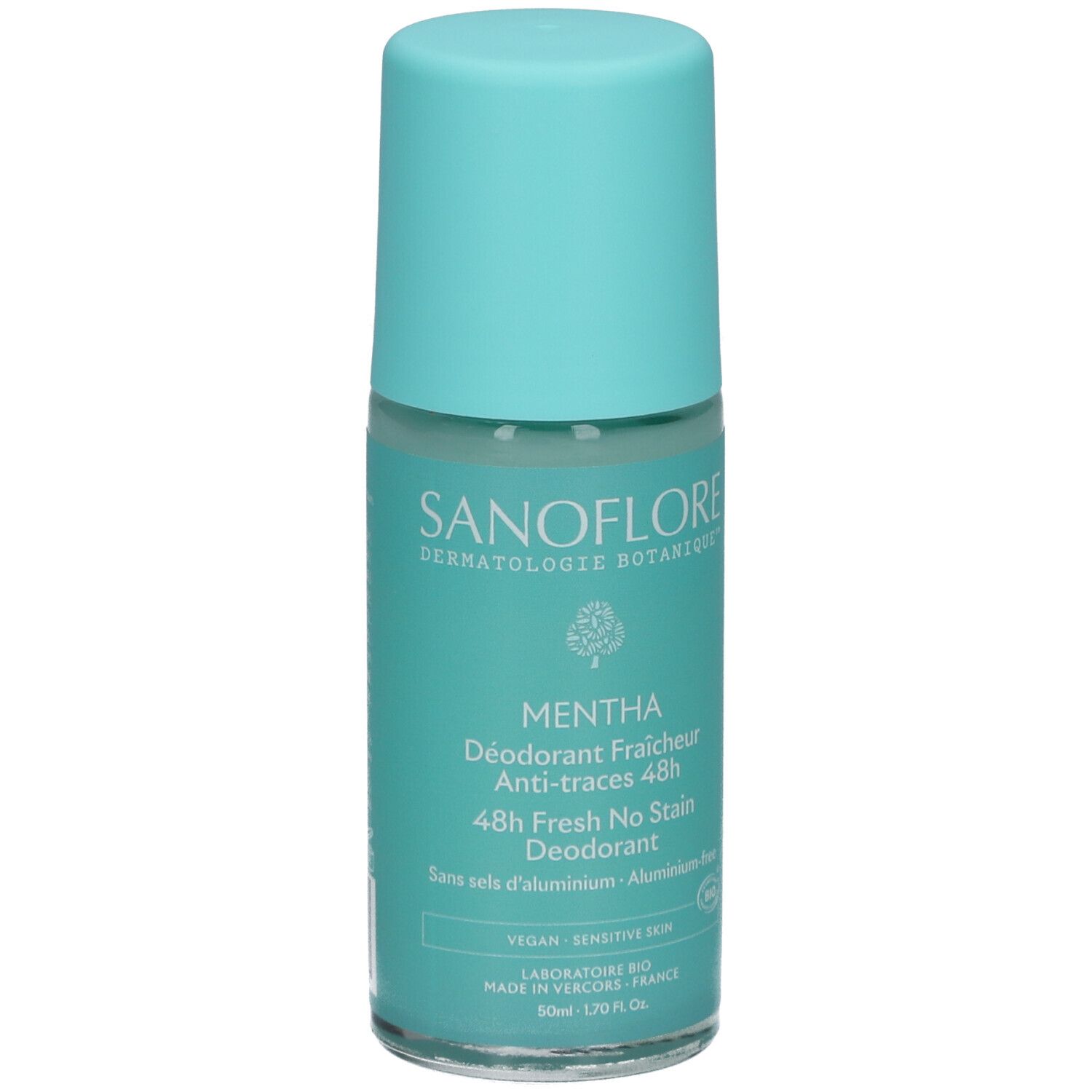 Turquoise roll-on deodorant. Opschrift: SANOFLORE, MENTHA, 48h Fresh No Stain. Vegan, gevoelige huid.