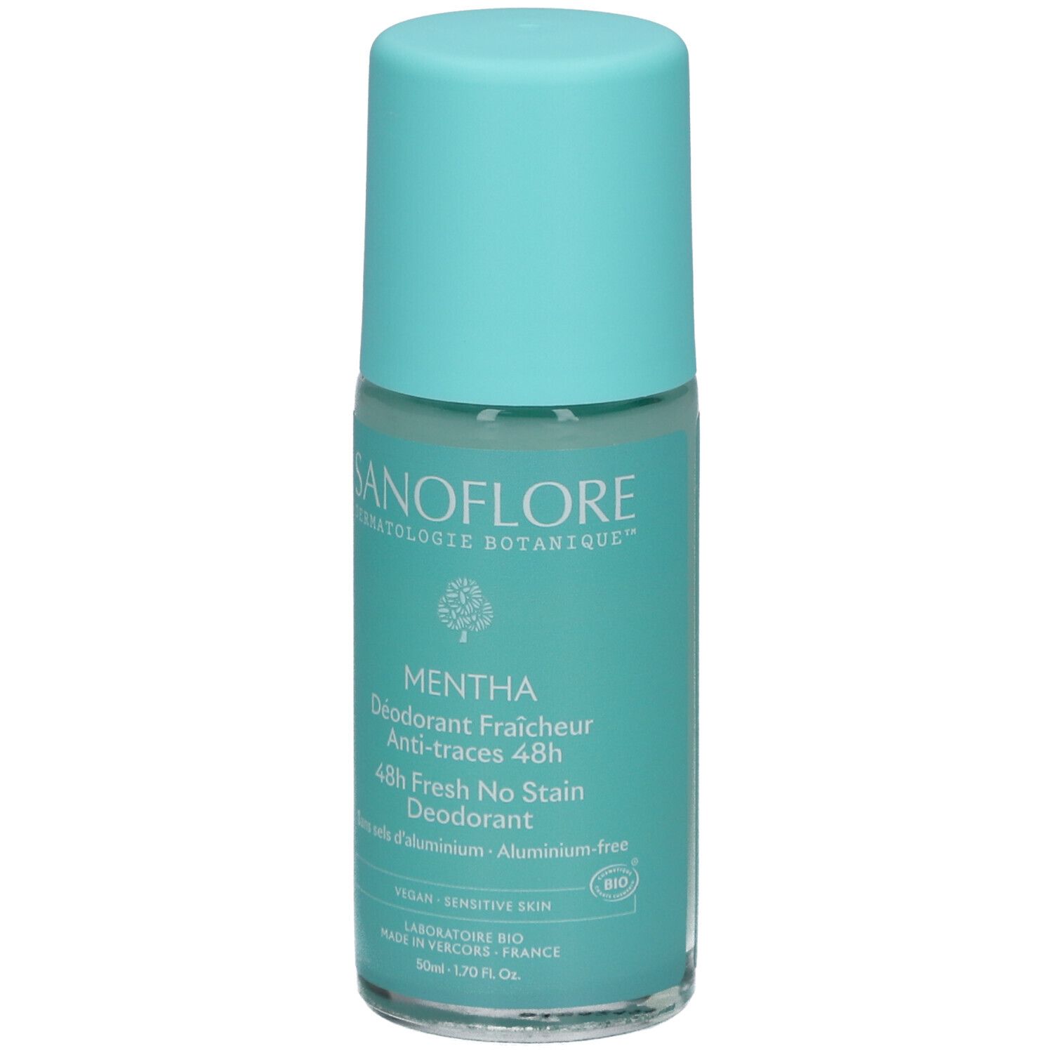 Turquoise roll-on deodorant. Opschrift: SANOFLORE, MENTHA, 48h Fresh No Stain. Vegan, gevoelige huid.