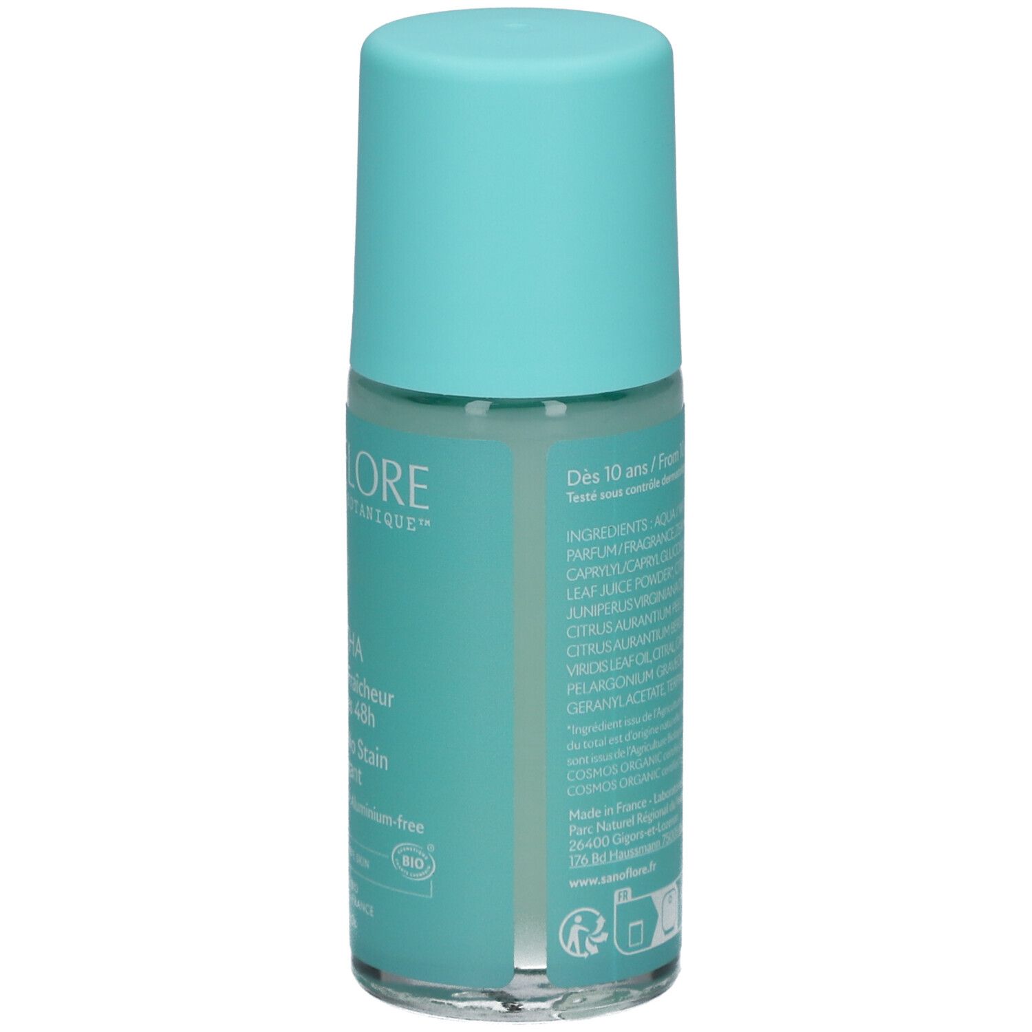 Achterkant van de turquoise roll-on deodorant. Ingrediëntenlijst en informatie. Bio-certificering.